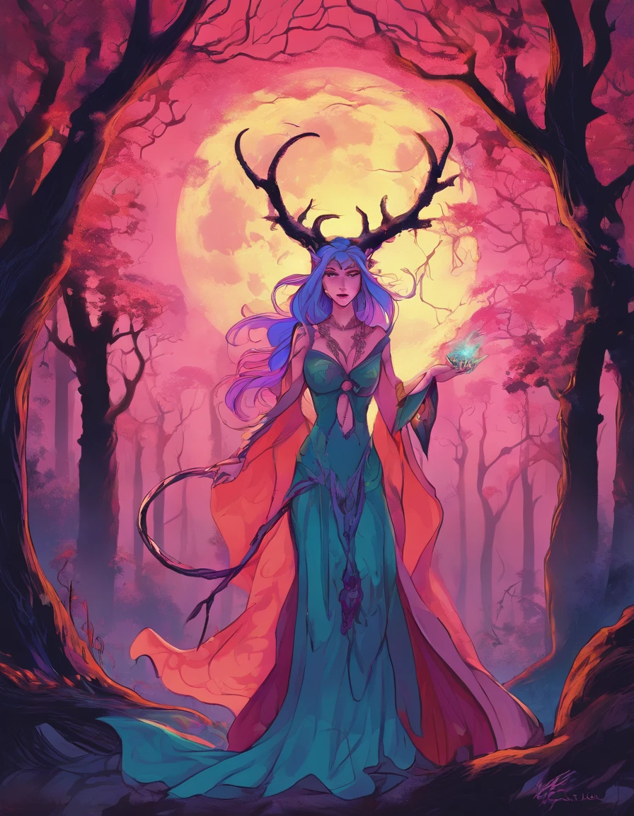 (a blue-haired demon woman,spells:1.1,glowing:1.1)(illustration)(best quality,ultra-detailed,realistic:1.37),demonic witch(demonic:1.1)(magic:1.1)(forest)(dark and mysterious,ominous atmosphere),casting powerful spells,creating magical energy(magic:1.1),vibrant pink hair(swirling pink hair)(flowing pink hair),horns(devil horns:1.1),piercing red eyes,enchanted scepter(magical scepter),elaborate dark robe,glowing magical sigils,fiery embers swirling(magical embers:1.1)(glowing embers),magical aura(glowing aura),eerie shadows,otherworldly presence(presence),sinister smile,nightfall in the background(dark night:1.1)(moonlit forest),lush and dense foliage(twisted trees)(mystical plants:1.1),mystical particles(swirling particles)(floating particles),ethereal glow(ethereal:1.1)(soft glow),faint moonlight breaking through the trees,haunting and captivating(scary atmosphere),bewitching beauty,wide range of colors(vivid colors)(contrasting colors),mystical realm,impressive details,dynamic composition,mesmerizing artwork,photorealistic style(picasso style),impressive shading and lighting,explosive energy,magical atmosphere(fantasy atmosphere),dreamlike scene