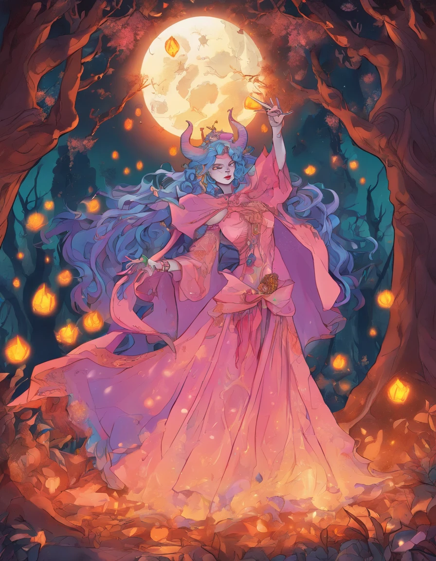 (a blue-haired demon woman,spells:1.1,glowing:1.1)(illustration)(best quality,ultra-detailed,realistic:1.37),demonic witch(demonic:1.1)(magic:1.1)(forest)(dark and mysterious,ominous atmosphere),casting powerful spells,creating magical energy(magic:1.1),vibrant pink hair(swirling pink hair)(flowing pink hair),horns(devil horns:1.1),piercing red eyes,enchanted scepter(magical scepter),elaborate dark robe,glowing magical sigils,fiery embers swirling(magical embers:1.1)(glowing embers),magical aura(glowing aura),eerie shadows,otherworldly presence(presence),sinister smile,nightfall in the background(dark night:1.1)(moonlit forest),lush and dense foliage(twisted trees)(mystical plants:1.1),mystical particles(swirling particles)(floating particles),ethereal glow(ethereal:1.1)(soft glow),faint moonlight breaking through the trees,haunting and captivating(scary atmosphere),bewitching beauty,wide range of colors(vivid colors)(contrasting colors),mystical realm,impressive details,dynamic composition,mesmerizing artwork,photorealistic style(picasso style),impressive shading and lighting,explosive energy,magical atmosphere(fantasy atmosphere),dreamlike scene