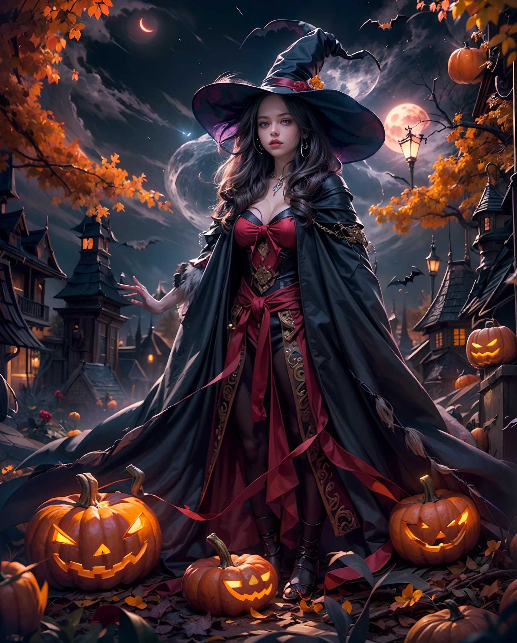 (((Masterpiece))), (((Best quality))), ((intricately details)), ((Hyperrealistic)), (Swirling clouds and colorful flowers), (Halloween Fantasy Witch's Castle Kingdom,halloween night,The mysterious aura of ghosts,red - eyed,Meniscus,Red Moon,borgar,pumpkins,Bat close-up,独奏, Dark black cloak, Beautiful background, Light particles, suns rays, Dramatic lighting, Cinematic lighting, (midnight), (Irregular), (mysterious), (ridiculous), Dreamy, Disney, design for tshirt, vectorial,