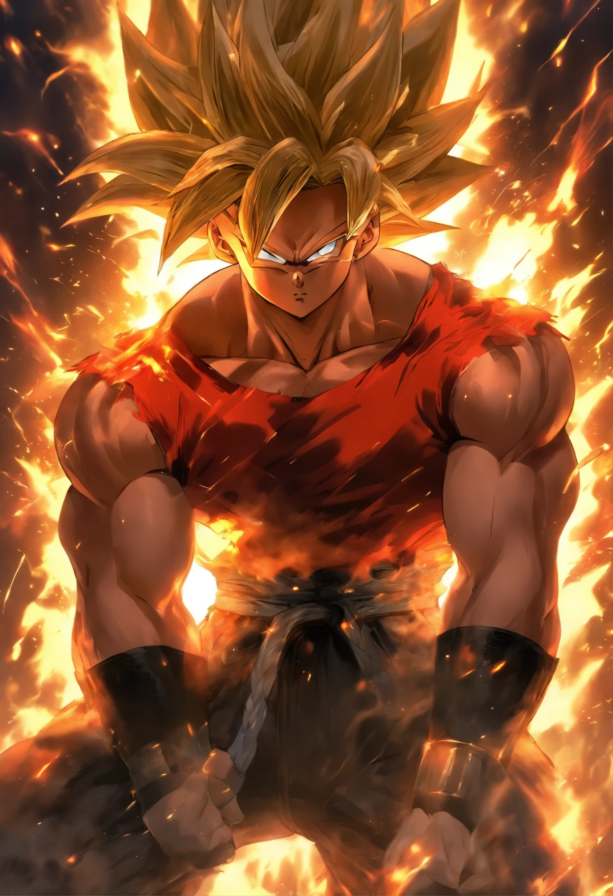 One Boy,Cool Boy, Young boy,Male body,macho, ,super saiyan 3, Red Jockstrap,toppless, Sweat vapor, embarrassed,blush,Parted lips, Kneeling,Arms behind your head, Full body, Bondage,BDSM, Collar,noose,chain, Crow Stage,stage.up of face