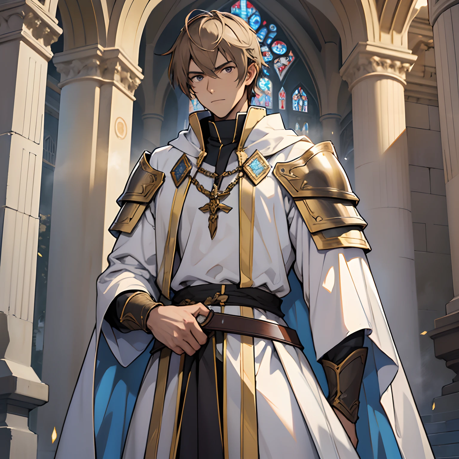 male in his 20s、light brown hair、Paladin、clergyman、Holding a great sword、White monastic vestments、plate armor、Cool、skinny、cold stare、strong con、sacredness、pure