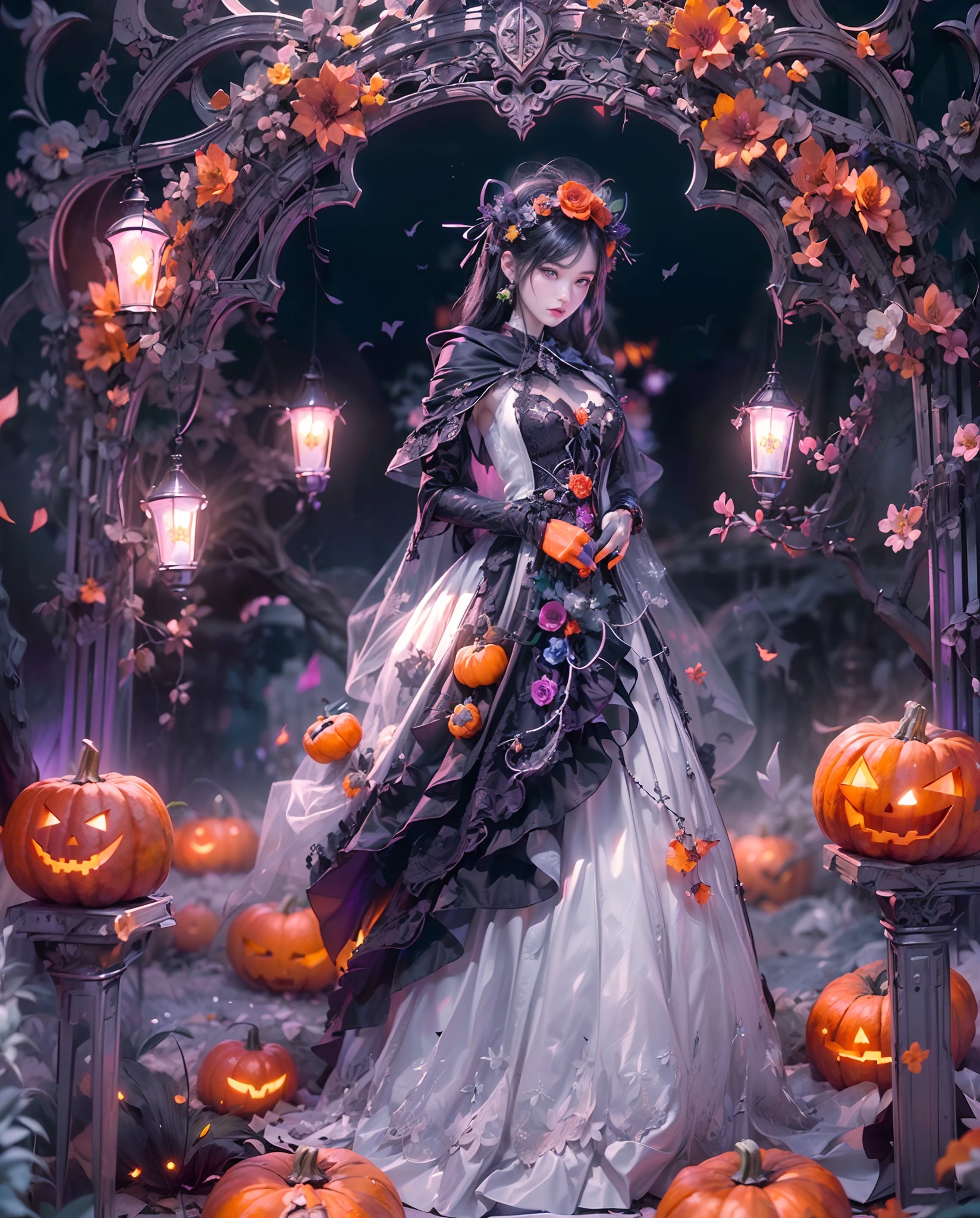 (((Masterpiece))), (((Best quality))), ((intricately details)), ((Hyperrealistic)), (Swirling clouds and colorful flowers), (Girl robot getting married on Halloween,Mechanical limb,Mechanical torso,Made of shiny white and silver translucent glass and plastic, Delicate black robe lace dress, Gloomy expression, Vibrant colors, Halloween night background,Leaves and petals fall, Adopt dark night light, Enchanting atmosphere，halloween night，The mysterious aura of ghosts，red - eyed，Meniscus，Red Moon，borgar，pumpkins，Bat close-up，独奏， Dark black cloak, Beautiful background, Light particles, suns rays, Dramatic lighting, Cinematic lighting, (midnight), (Irregular), (mysterious), (ridiculous), Dreamy, Disney, design for tshirt, vectorial