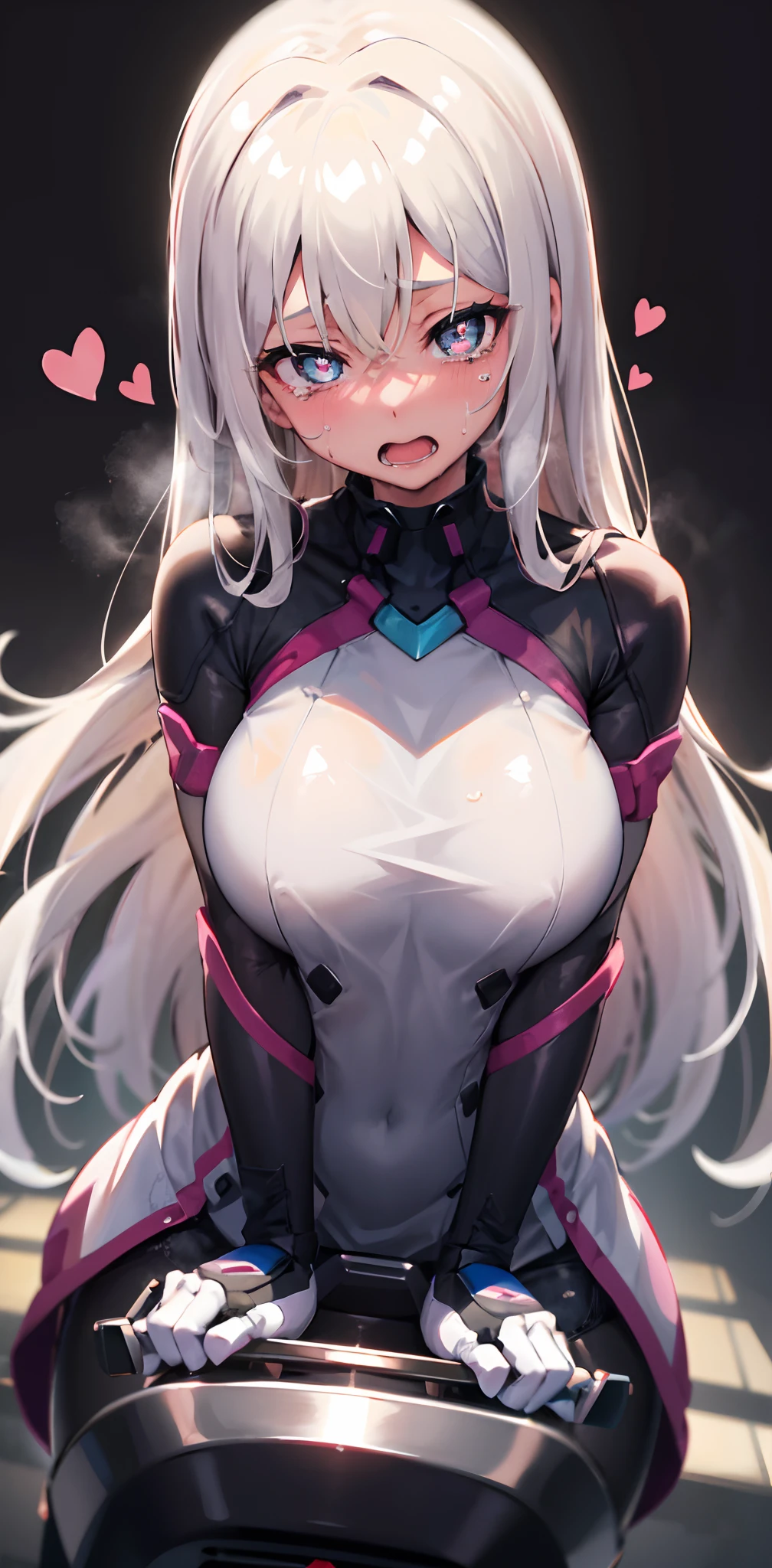 riding machine, 1girl, solo, breasts, sweat, tears,heart-shaped pupils, ahegao, steaming body, v-arms, ultra-detailed eyes, white hair, long hair.