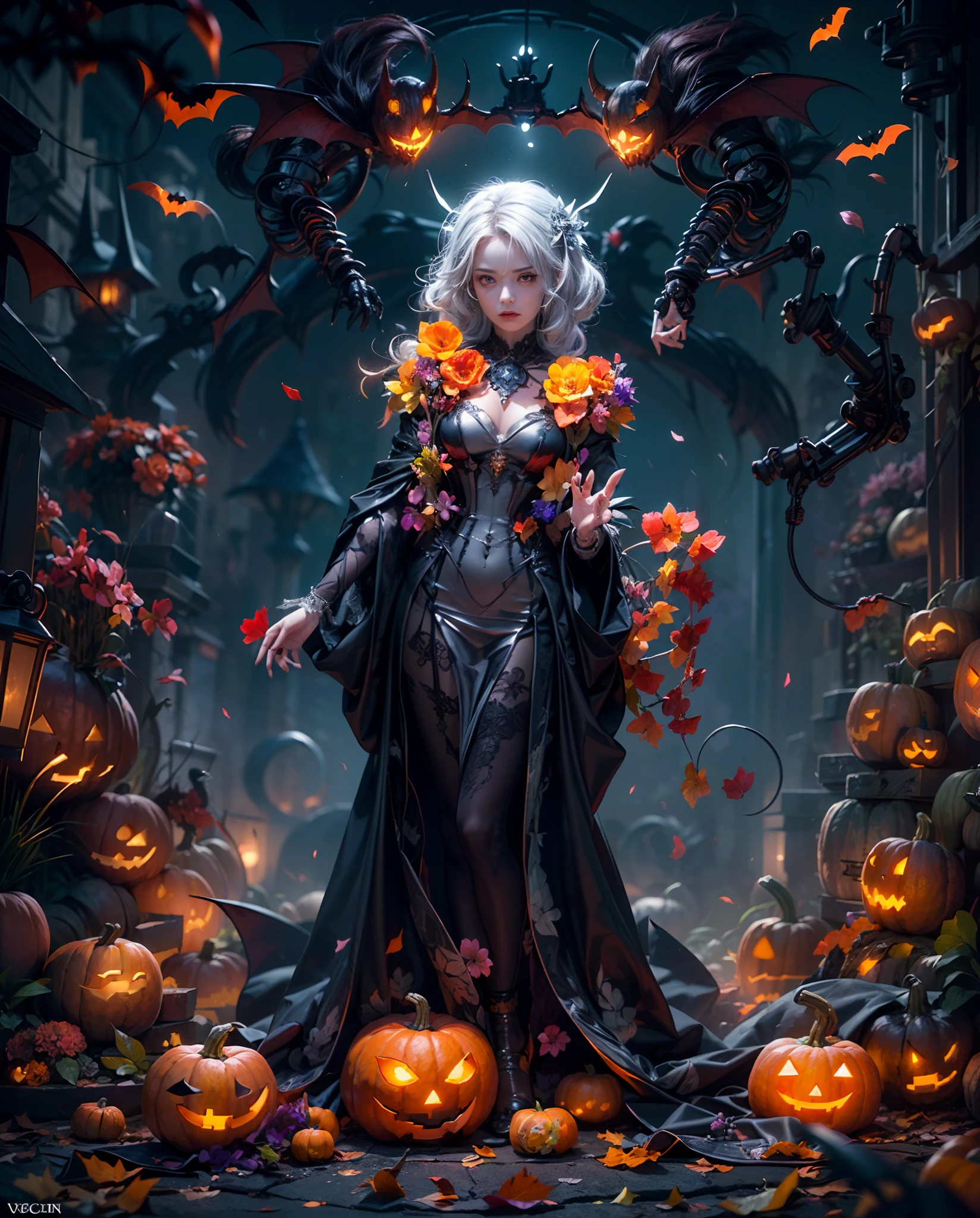 (((Masterpiece))), (((Best quality))), ((intricately details)), ((Hyperrealistic)), (Swirling clouds and colorful flowers), (Girl robot getting married on Halloween,Mechanical limb,Mechanical torso,Made of shiny white and silver translucent glass and plastic, Delicate black robe lace dress, Gloomy expression, Vibrant colors, Halloween night background,Leaves and petals fall, Adopt dark night light, Enchanting atmosphere，halloween night，The mysterious aura of ghosts，red - eyed，Meniscus，Red Moon，borgar，pumpkins，Bat close-up，独奏， Dark black cloak, Beautiful background, Light particles, suns rays, Dramatic lighting, Cinematic lighting, (midnight), (Irregular), (mysterious), (ridiculous), Dreamy, Disney, design for tshirt, vectorial