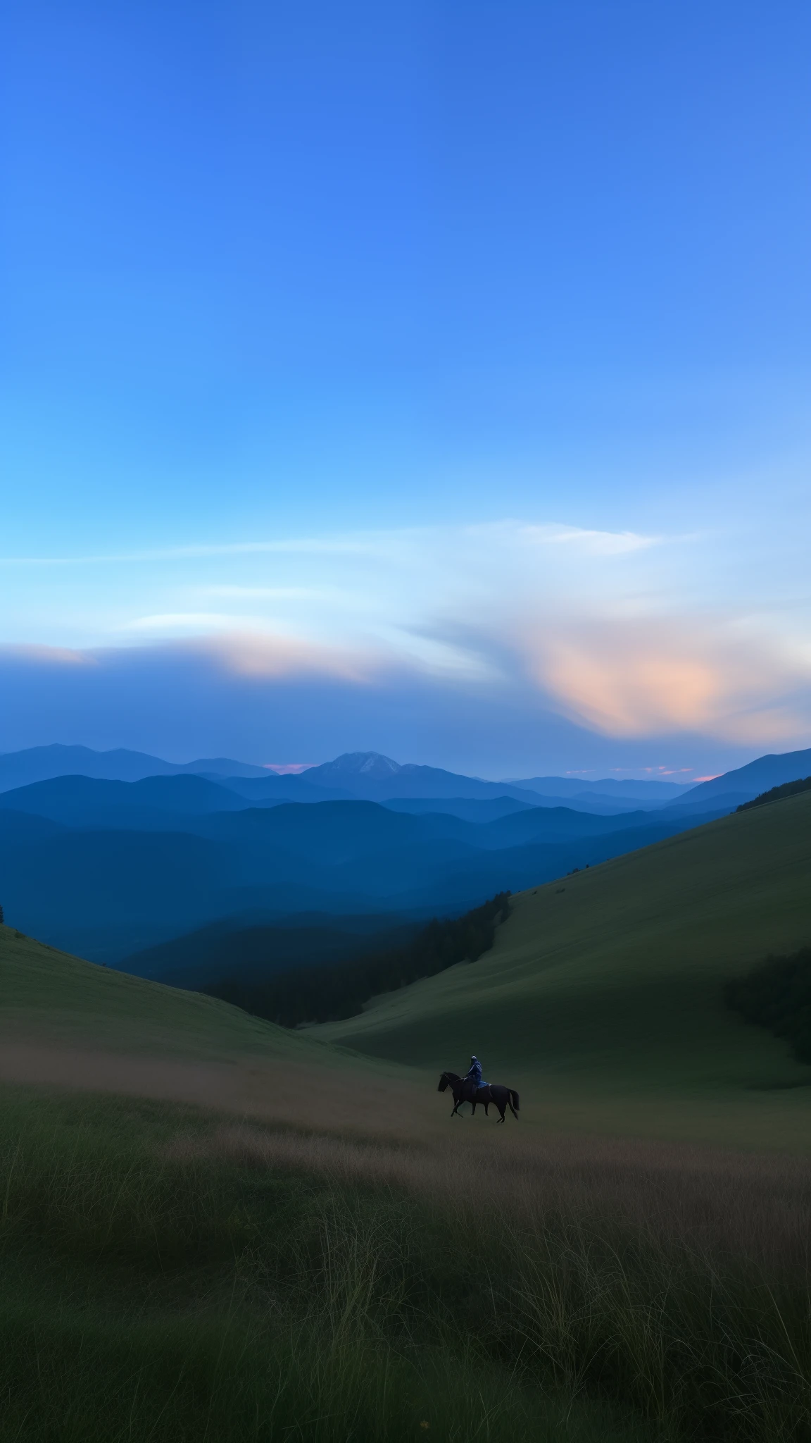 There was a man riding a horse in the grass, 8 k''. filling of the view, At dusk!, 8 k''. filling most of the view, taken with sigma 2 0 mm f 1. 4, Beautiful Late Afternoon, As night fell, Far view, Distant view, with mountains in the distance, on deep forest peak, shot with iphone 1 0