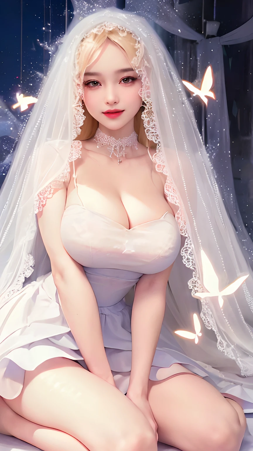 ((Best Quality, 8K, Masterpiece: 1.3, UHD:1.2)), 1girl, super big and gigantic breasts, narrow waist, gigantic hips, thick thighs, wearing torn white transparent naked-t-shirt, long hijab, white skin,Smile,(W cup breast),body wet