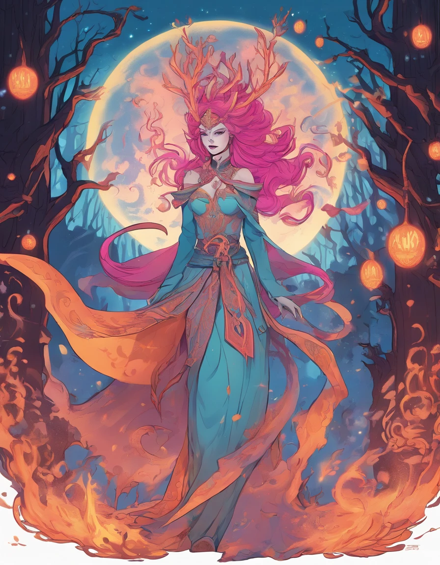 (a blue-haired demon woman,spells:1.1,glowing:1.1)(illustration)(best quality,ultra-detailed,realistic:1.37),demonic witch(demonic:1.1)(magic:1.1)(forest)(dark and mysterious,ominous atmosphere),casting powerful spells,creating magical energy(magic:1.1),vibrant pink hair(swirling pink hair)(flowing pink hair),horns(devil horns:1.1),piercing red eyes,enchanted scepter(magical scepter),elaborate dark robe,glowing magical sigils,fiery embers swirling(magical embers:1.1)(glowing embers),magical aura(glowing aura),eerie shadows,otherworldly presence(presence),sinister smile,nightfall in the background(dark night:1.1)(moonlit forest),lush and dense foliage(twisted trees)(mystical plants:1.1),mystical particles(swirling particles)(floating particles),ethereal glow(ethereal:1.1)(soft glow),faint moonlight breaking through the trees,haunting and captivating(scary atmosphere),bewitching beauty,wide range of colors(vivid colors)(contrasting colors),mystical realm,impressive details,dynamic composition,mesmerizing artwork,photorealistic style(picasso style),impressive shading and lighting,explosive energy,magical atmosphere(fantasy atmosphere),dreamlike scene