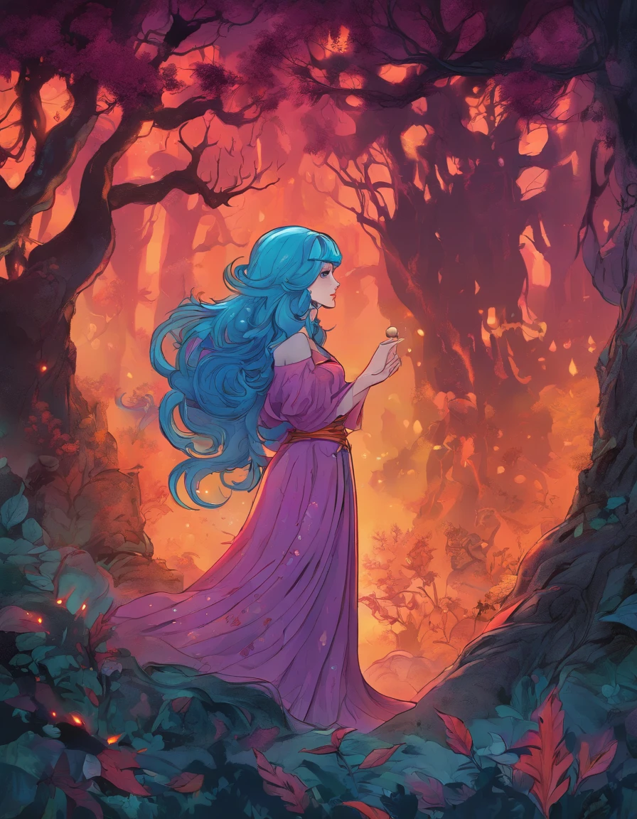 (a blue-haired demon woman,spells:1.1,glowing:1.1)(illustration)(best quality,ultra-detailed,realistic:1.37),demonic witch(demonic:1.1)(magic:1.1)(forest)(dark and mysterious,ominous atmosphere),casting powerful spells,creating magical energy(magic:1.1),vibrant pink hair(swirling pink hair)(flowing pink hair),horns(devil horns:1.1),piercing red eyes,enchanted scepter(magical scepter),elaborate dark robe,glowing magical sigils,fiery embers swirling(magical embers:1.1)(glowing embers),magical aura(glowing aura),eerie shadows,otherworldly presence(presence),sinister smile,nightfall in the background(dark night:1.1)(moonlit forest),lush and dense foliage(twisted trees)(mystical plants:1.1),mystical particles(swirling particles)(floating particles),ethereal glow(ethereal:1.1)(soft glow),faint moonlight breaking through the trees,haunting and captivating(scary atmosphere),bewitching beauty,wide range of colors(vivid colors)(contrasting colors),mystical realm,impressive details,dynamic composition,mesmerizing artwork,photorealistic style(picasso style),impressive shading and lighting,explosive energy,magical atmosphere(fantasy atmosphere),dreamlike scene