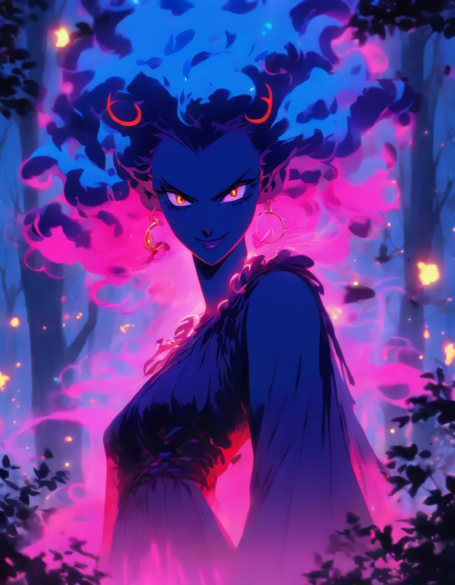 (a blue-haired demon woman,spells:1.1,glowing:1.1)(illustration)(best quality,ultra-detailed,realistic:1.37),demonic witch(demonic:1.1)(magic:1.1)(forest)(dark and mysterious,ominous atmosphere),casting powerful spells,creating magical energy(magic:1.1),vibrant pink hair(swirling pink hair)(flowing pink hair),horns(devil horns:1.1),piercing red eyes,enchanted scepter(magical scepter),elaborate dark robe,glowing magical sigils,fiery embers swirling(magical embers:1.1)(glowing embers),magical aura(glowing aura),eerie shadows,otherworldly presence(presence),sinister smile,nightfall in the background(dark night:1.1)(moonlit forest),lush and dense foliage(twisted trees)(mystical plants:1.1),mystical particles(swirling particles)(floating particles),ethereal glow(ethereal:1.1)(soft glow),faint moonlight breaking through the trees,haunting and captivating(scary atmosphere),bewitching beauty,wide range of colors(vivid colors)(contrasting colors),mystical realm,impressive details,dynamic composition,mesmerizing artwork,photorealistic style(picasso style),impressive shading and lighting,explosive energy,magical atmosphere(fantasy atmosphere),dreamlike scene