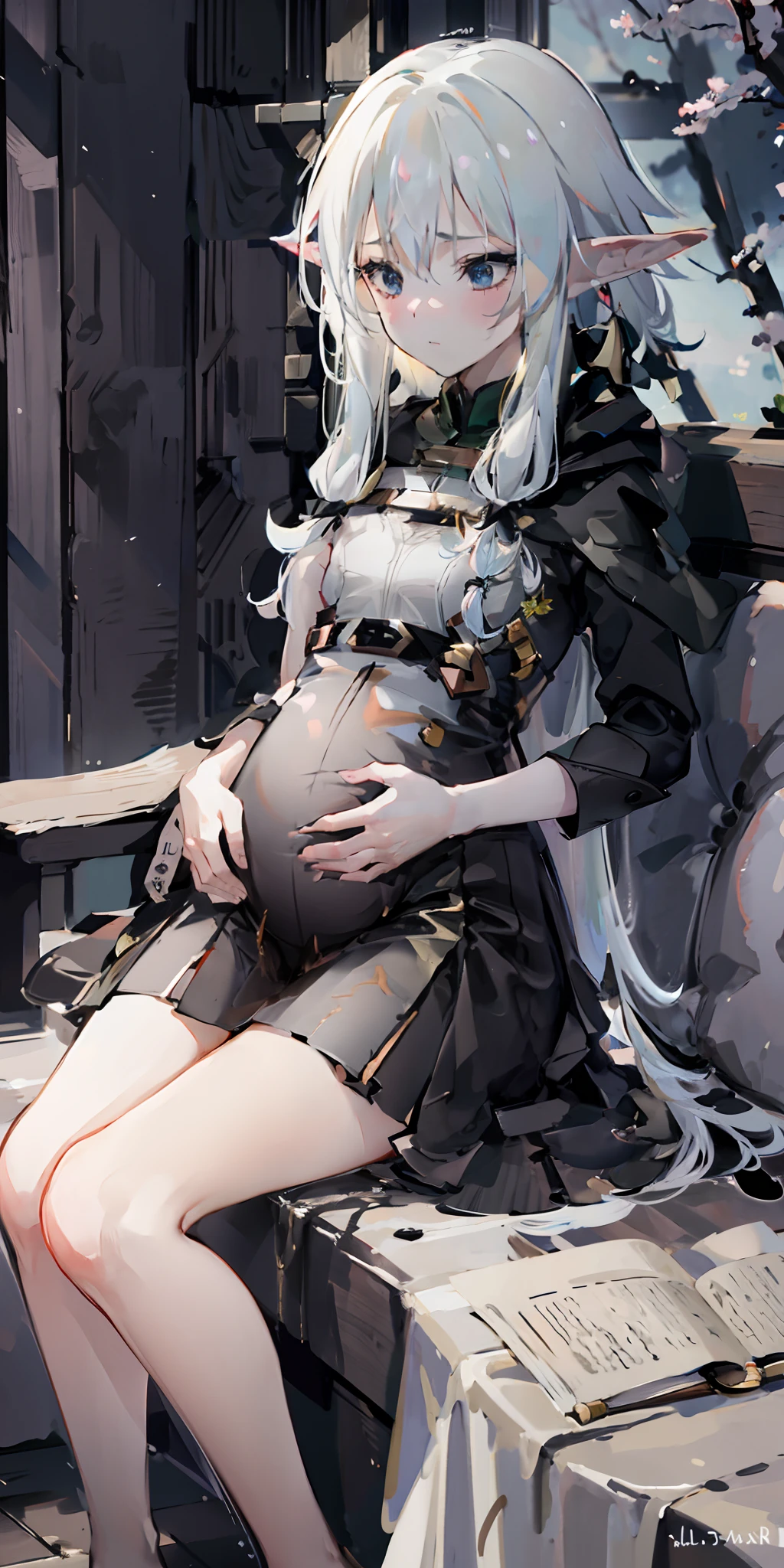 Elf, white ash hair, anime girl, black shirt, white skirt, (black cloak:1.2), pale face, sweating, heavy breath, blushing, pregnant, Pregnant belly, (best quality:1.2), ultra-detailed,realistic ,portraits, vivid colors, soft lighting, interesting PoV, (pee is white:0.7), spread kneel, Lie down on sofa, (the girl is leaked pee: 1.3), stocking, straight hair
