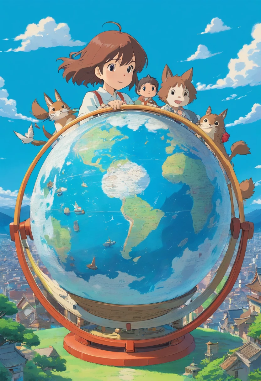 solid blue background,In the middle is a circular globe, 9:18