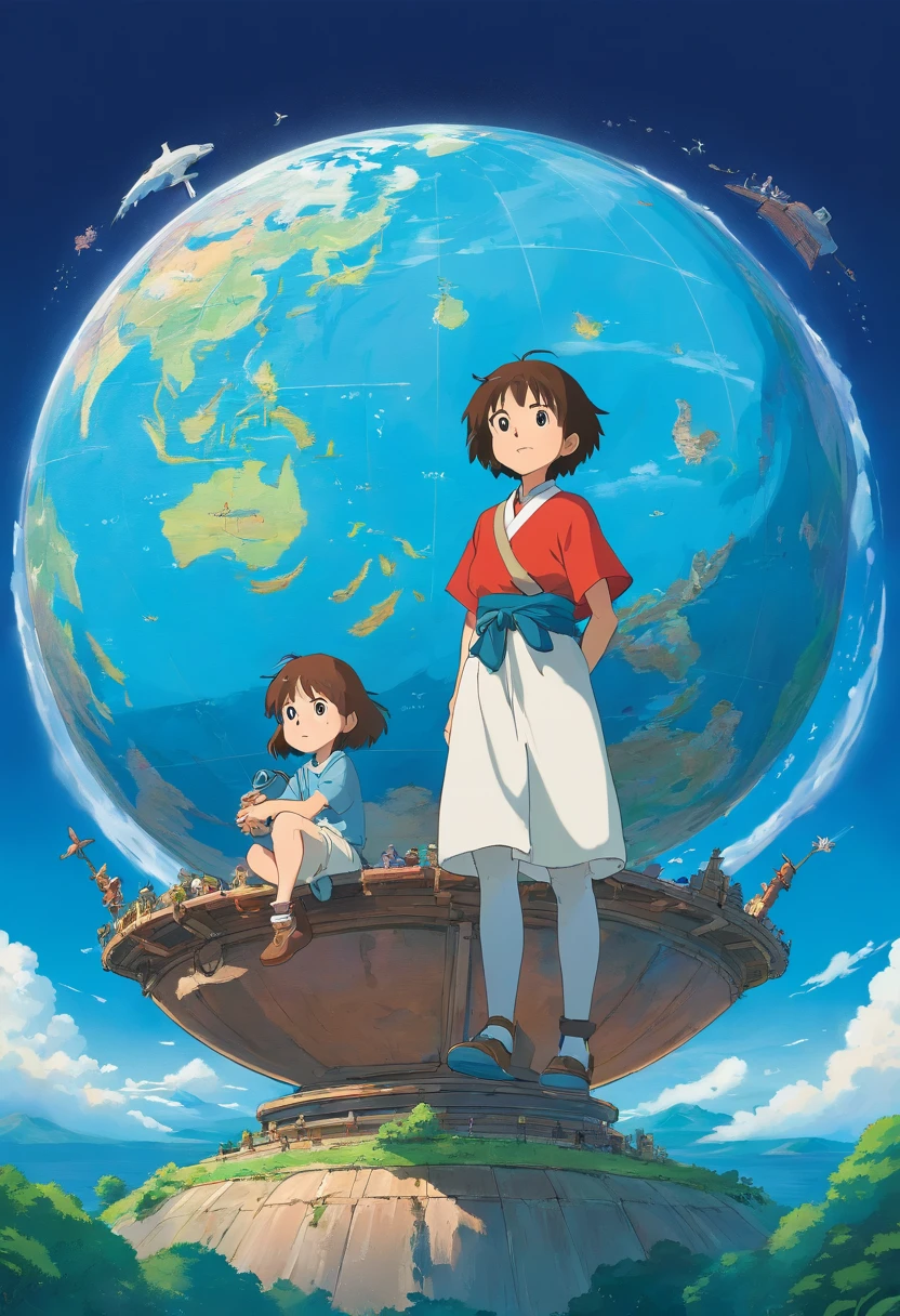 solid blue background,In the middle is a circular globe, 9:18