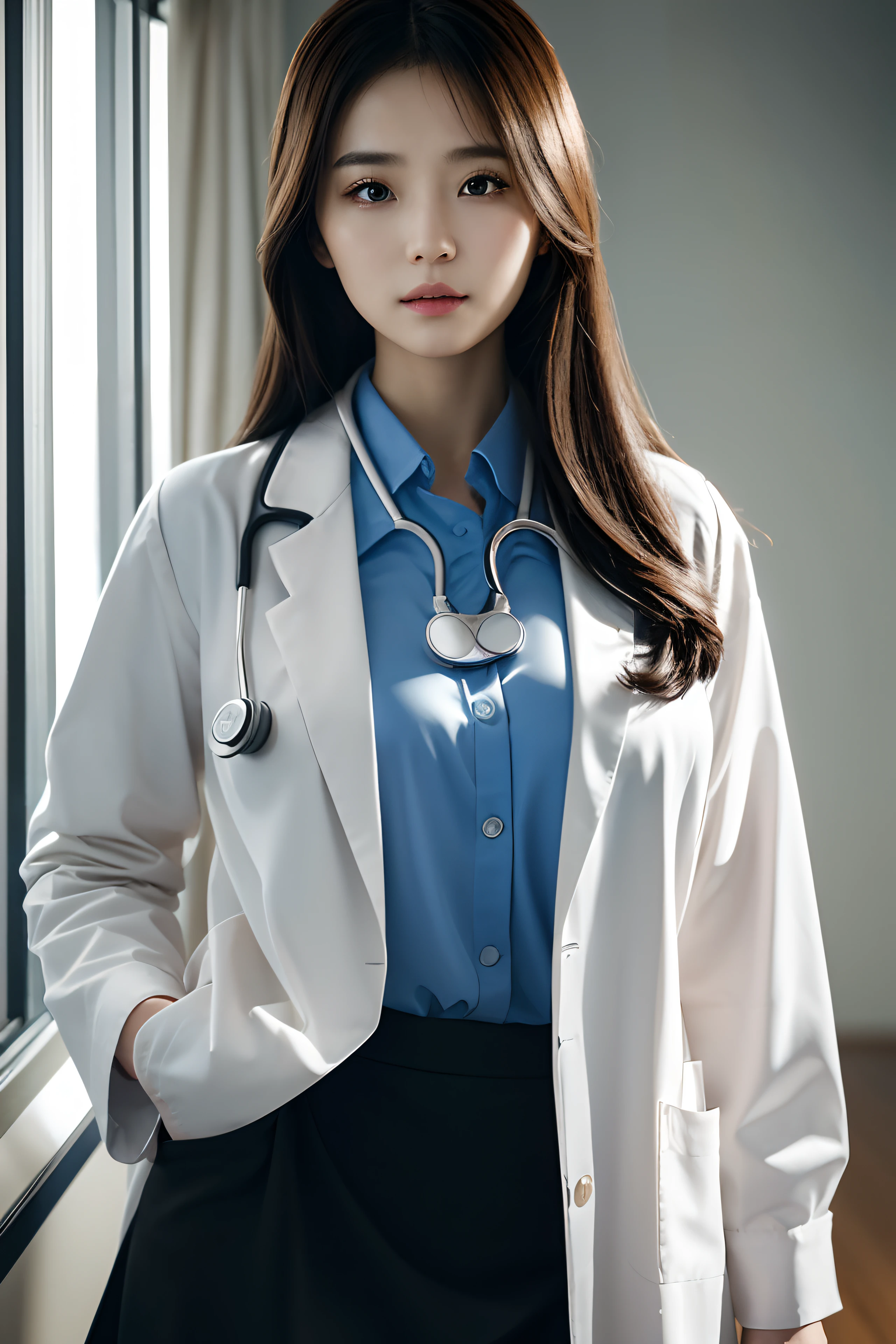 Photorealistic beautiful doctor、stunningly beautiful、doctors white coat, Collared shirt、(top-quality、8K、32K、​masterpiece、nffsw:1.3)、超A high resolution,(Photorealsitic:1.4),Raw photography, Detailed face,,Beautiful hair,real looking skin、 ((Doctor Style)), , Black tight skirt、 Natural makeup,, large full breasts、inside hospital, Detailed background, Perfect Lighting, depth of fields, Beautiful shadow gradient,stethoscope ,