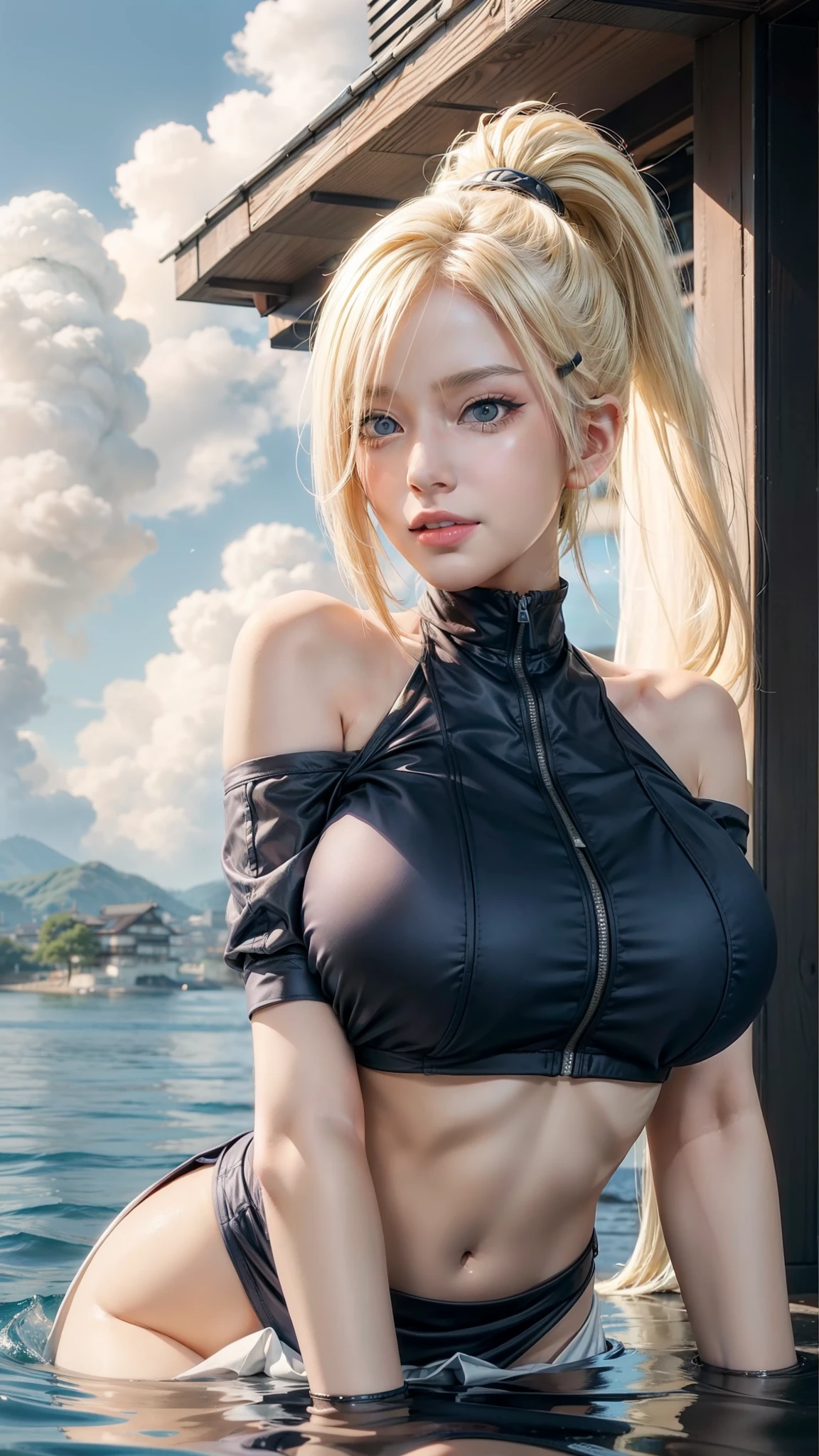 1girl, Ino yamanaka in anime naruto, short hair, yellow hair, blue eyes, smile, beautiful, sexy dress, sexy clothes, white and red clothes, very big breast, realistic clothes, detail clothes, outdoor background, ultra detail, realistic