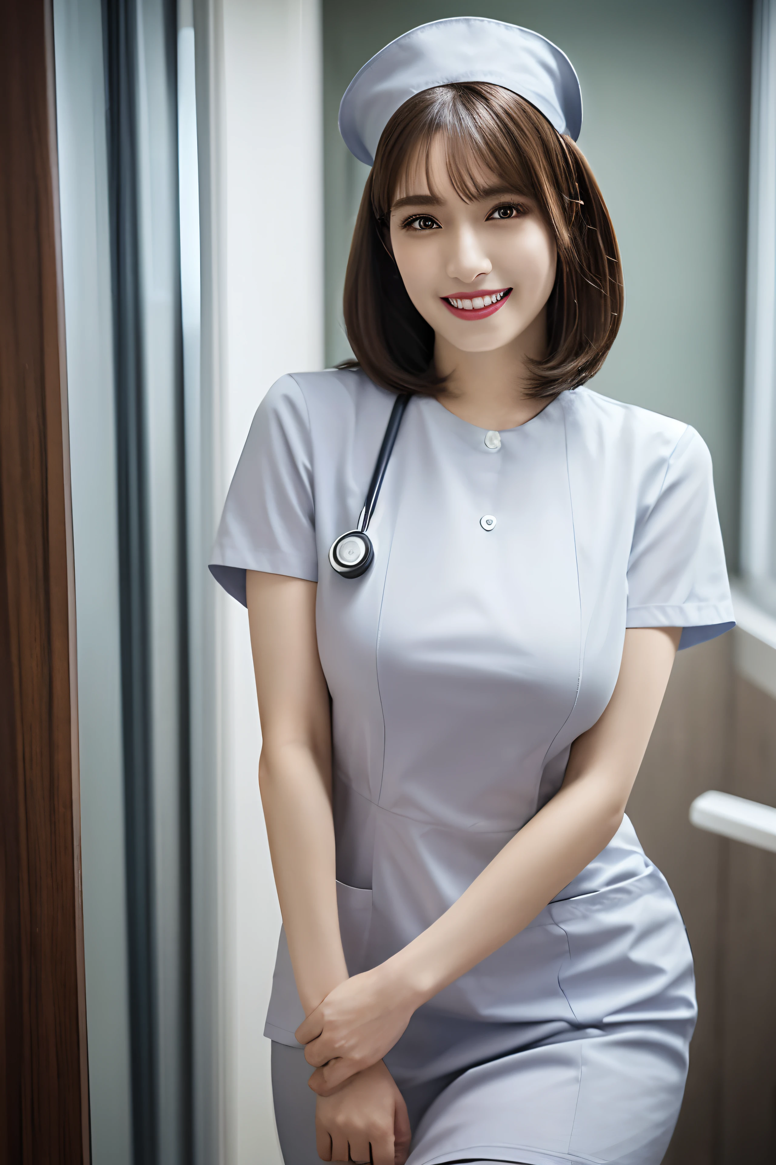 (1 Ultimate Beautiful Mature Nurse)、hyperdetailed face、Detailed lips、detailed eyes、double eyelids、((brunette bob hair))、(nurse's uniform:1.3)、(Glamorous body)、(Huge breasts)、smile、thighs thighs thighs thighs, Perfect fit, Perfect image realism, Background with: (Hospital Patient Rooms:1.2), Cowboy Shot, 细致Background with, detailed costume, Perfect litthing、Hyper-Realism、(Photorealsitic:1.4)、8K maximum resolution, (masterpiece), highly detailed, Professional