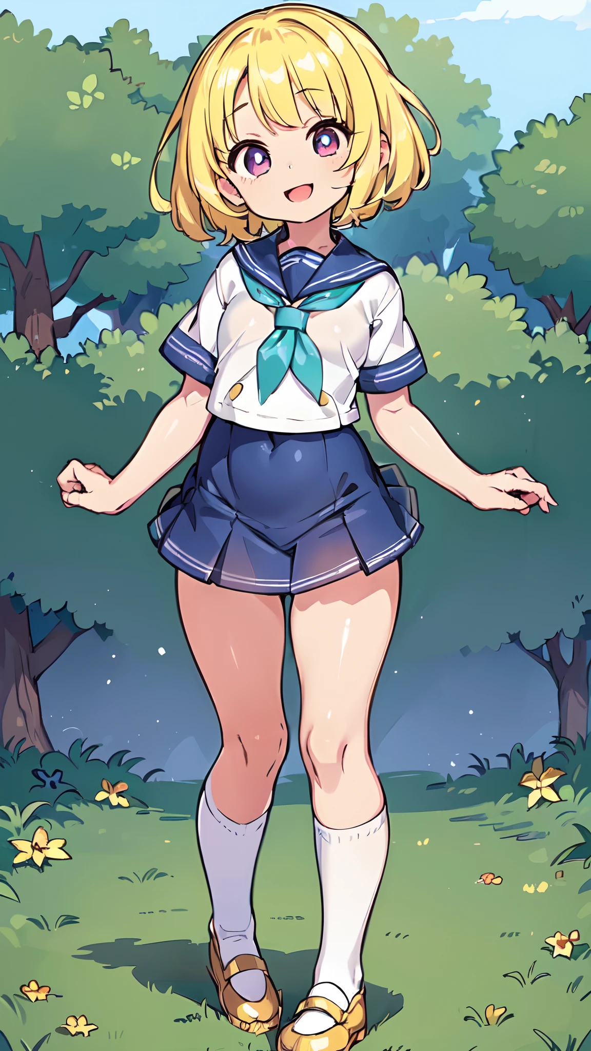 1girl, ((Loli girl, Loli, ), (blonde hair, short hair), sailor uniform, shiny clothes (cute face, big eyes), smooth skin, smiling, full body shot