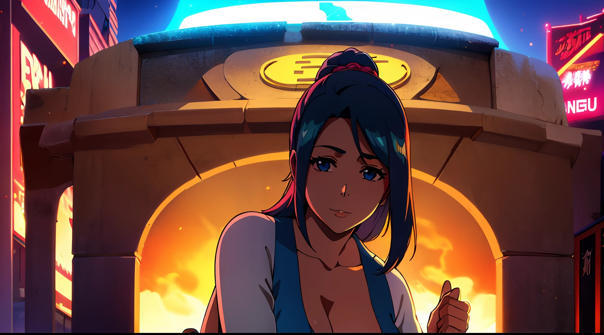 master part, best quality, Ultra high resolution (Realismo: 1.4), foto original, Lente 35mm, abertura F1.4, movie poster, luz e sombra, cenario de festa no fundo, Scantily clad young lady, garota de anime, garota propaganda para o Youtube cabelos azuis longos, pele real, (Detalhe da pele: 1.3),