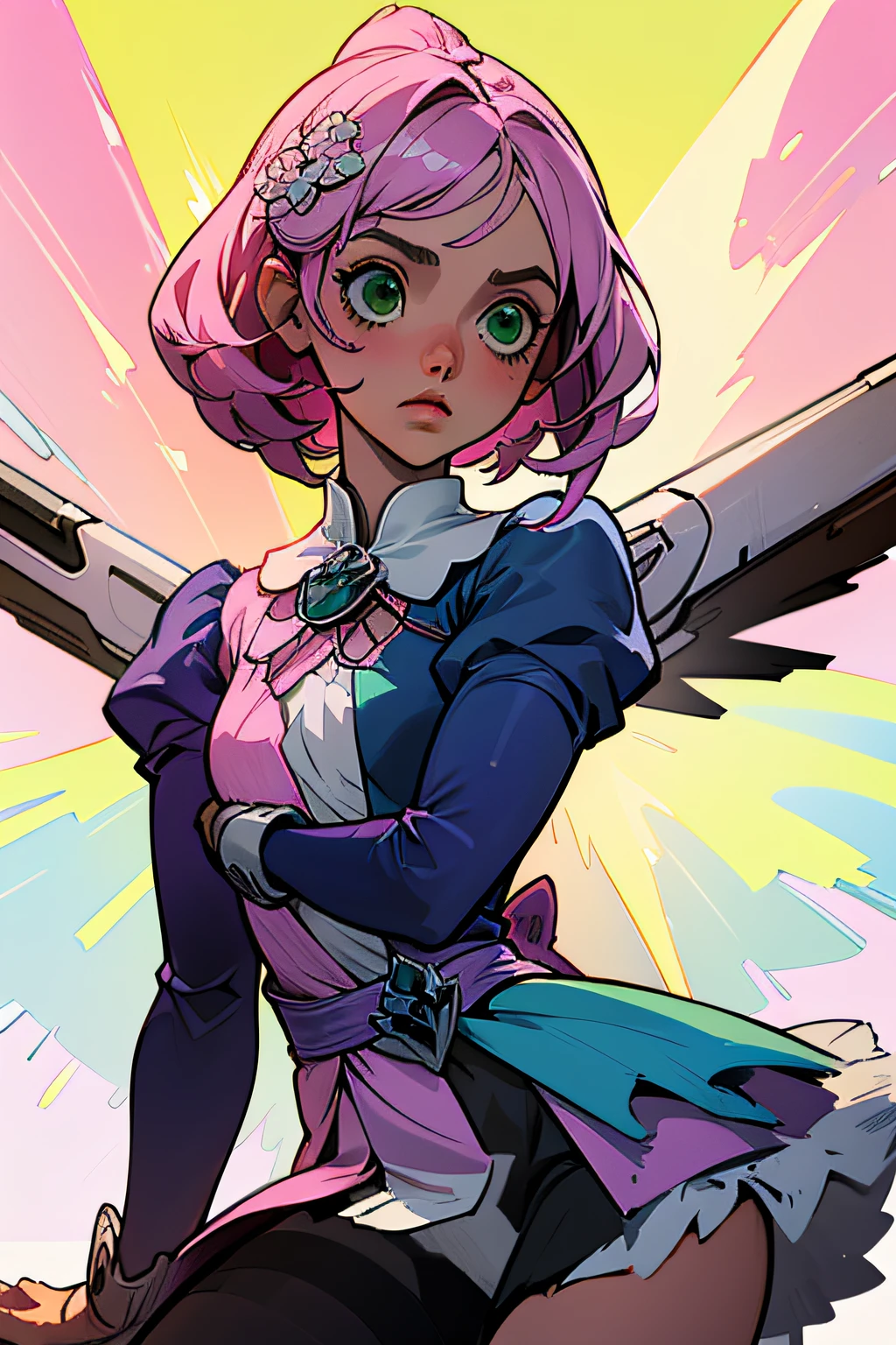 Alisa bosconovitch, melhor qualidade, contemporary, estilo plano, minimalismo, Green Eyes Flat Illustration, cabelo rosa, cabelo curto, cabelos multicoloridos, Camisa Preta, mechanical wings, Head Portrait Close-U, peito pontudo, decote, super decote, middlebreasts, Tekken，cabelo rosa pastel, 1girl, em quimono, hand-painted，Desenho de linha sem cor, colorida do yandere pastel, Tekken, [Detailed illustrations, Arte baseada em anatomia extremamente ideal, desenhos muito detalhados e detalhados, delicate lines with slowness and urgency, Realistic texture expression],(((Linhas principais coloridas)),(Obras de arte com excelente artesanato),(fundo do parque),[HENTAI anime  japonesa bonita 14 anoade Skinny] cabelo rosa claro, com roupa de empregada，figura esbelta，robusto，He sat on the floor，Vestido com roupas de empregada rosa e branco，cabelos muito curtos，com orelhas de gato，quadratic element，, kawaii cor-de-rosa na roupa da era de 1910, Alisa Bosconovich pink lips, no estilo da paleta de cores suave aurorapunk, an anime illustration of his face, gifs animados, hand drawn animation, charming sketches, suave e brilhante, romantismo nebuloso, Estilo Superflat, fundo branco - ar 1:1 - niji 5 - estilo expressivo --s 50