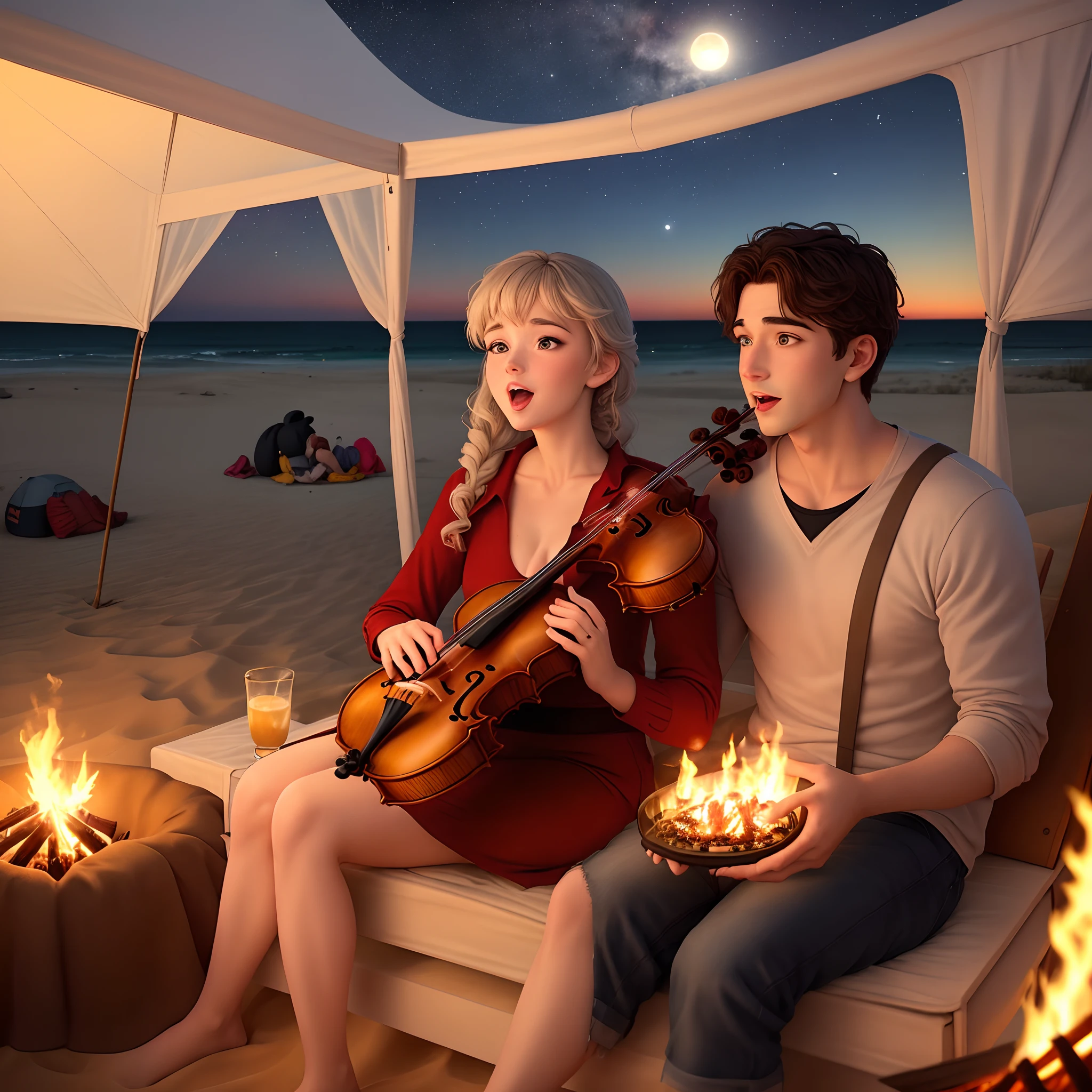 Create a Disney dick movie with the story of a couple who went to a Romantic dinner in the dunes where at that dinner the couple was surprised with a bonfire and a boy playing the violin. Nesse jantar pode conter estrelas e lua cheia , tochas e uma barraca de acampamento