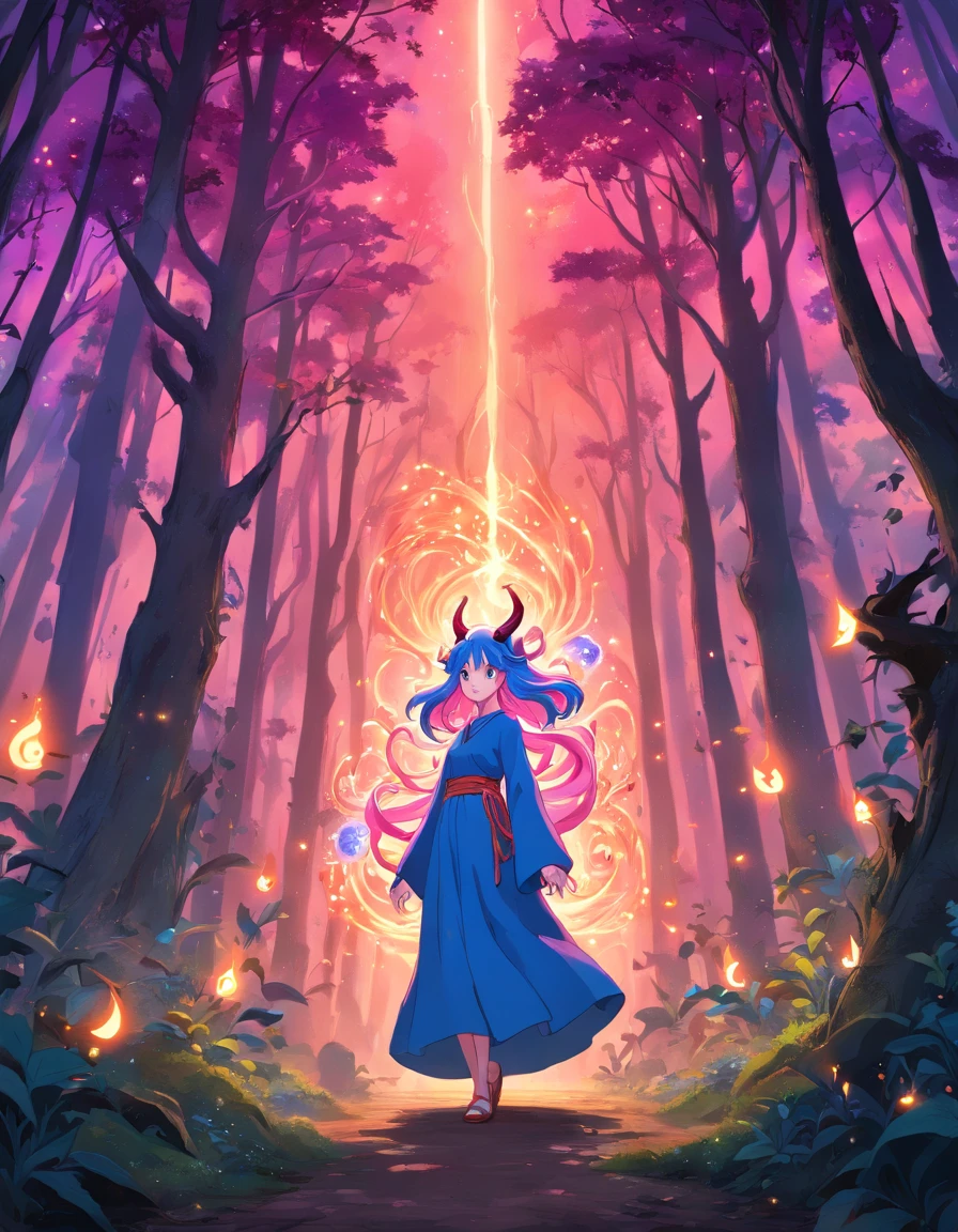 (a blue-haired demon woman,spells:1.1,glowing:1.1)(illustration)(best quality,ultra-detailed,realistic:1.37),demonic witch(demonic:1.1)(magic:1.1)(forest)(dark and mysterious,ominous atmosphere),casting powerful spells,creating magical energy(magic:1.1),vibrant pink hair(swirling pink hair)(flowing pink hair),horns(devil horns:1.1),piercing red eyes,enchanted scepter(magical scepter),elaborate dark robe,glowing magical sigils,fiery embers swirling(magical embers:1.1)(glowing embers),magical aura(glowing aura),eerie shadows,otherworldly presence(presence),sinister smile,nightfall in the background(dark night:1.1)(moonlit forest),lush and dense foliage(twisted trees)(mystical plants:1.1),mystical particles(swirling particles)(floating particles),ethereal glow(ethereal:1.1)(soft glow),faint moonlight breaking through the trees,haunting and captivating(scary atmosphere),bewitching beauty,wide range of colors(vivid colors)(contrasting colors),mystical realm,impressive details,dynamic composition,mesmerizing artwork,photorealistic style(picasso style),impressive shading and lighting,explosive energy,magical atmosphere(fantasy atmosphere),dreamlike scene