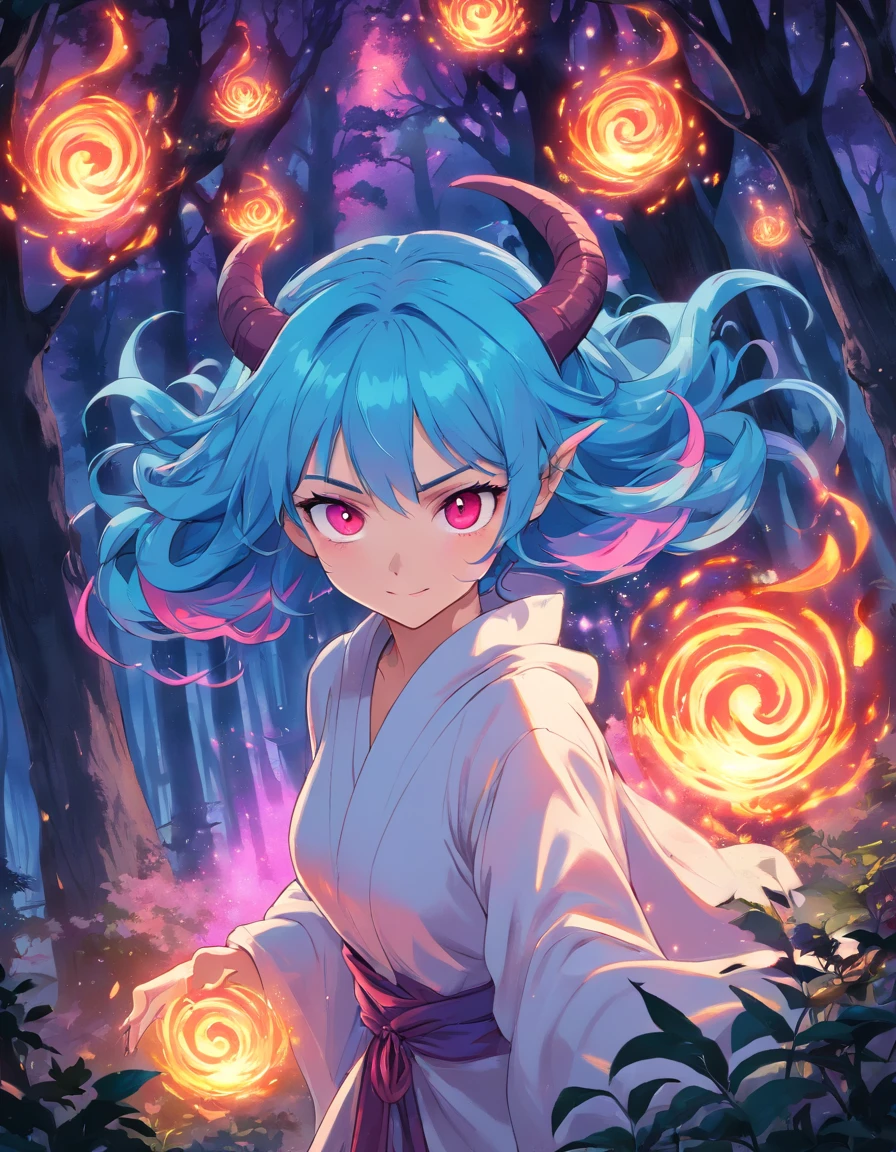 (a blue-haired demon woman,spells:1.1,glowing:1.1)(illustration)(best quality,ultra-detailed,realistic:1.37),demonic witch(demonic:1.1)(magic:1.1)(forest)(dark and mysterious,ominous atmosphere),casting powerful spells,creating magical energy(magic:1.1),vibrant pink hair(swirling pink hair)(flowing pink hair),horns(devil horns:1.1),piercing red eyes,enchanted scepter(magical scepter),elaborate dark robe,glowing magical sigils,fiery embers swirling(magical embers:1.1)(glowing embers),magical aura(glowing aura),eerie shadows,otherworldly presence(presence),sinister smile,nightfall in the background(dark night:1.1)(moonlit forest),lush and dense foliage(twisted trees)(mystical plants:1.1),mystical particles(swirling particles)(floating particles),ethereal glow(ethereal:1.1)(soft glow),faint moonlight breaking through the trees,haunting and captivating(scary atmosphere),bewitching beauty,wide range of colors(vivid colors)(contrasting colors),mystical realm,impressive details,dynamic composition,mesmerizing artwork,photorealistic style(picasso style),impressive shading and lighting,explosive energy,magical atmosphere(fantasy atmosphere),dreamlike scene