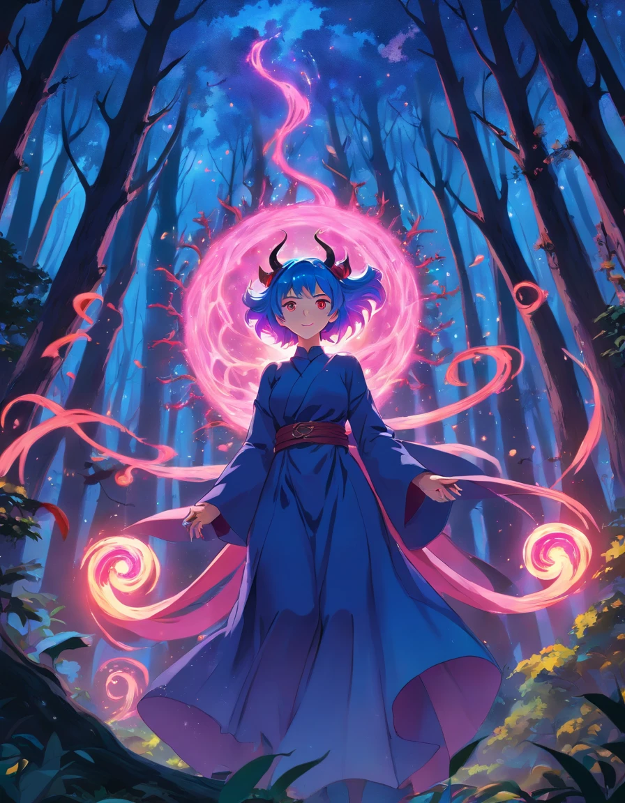 (a blue-haired demon woman,spells:1.1,glowing:1.1)(illustration)(best quality,ultra-detailed,realistic:1.37),demonic witch(demonic:1.1)(magic:1.1)(forest)(dark and mysterious,ominous atmosphere),casting powerful spells,creating magical energy(magic:1.1),vibrant pink hair(swirling pink hair)(flowing pink hair),horns(devil horns:1.1),piercing red eyes,enchanted scepter(magical scepter),elaborate dark robe,glowing magical sigils,fiery embers swirling(magical embers:1.1)(glowing embers),magical aura(glowing aura),eerie shadows,otherworldly presence(presence),sinister smile,nightfall in the background(dark night:1.1)(moonlit forest),lush and dense foliage(twisted trees)(mystical plants:1.1),mystical particles(swirling particles)(floating particles),ethereal glow(ethereal:1.1)(soft glow),faint moonlight breaking through the trees,haunting and captivating(scary atmosphere),bewitching beauty,wide range of colors(vivid colors)(contrasting colors),mystical realm,impressive details,dynamic composition,mesmerizing artwork,photorealistic style(picasso style),impressive shading and lighting,explosive energy,magical atmosphere(fantasy atmosphere),dreamlike scene