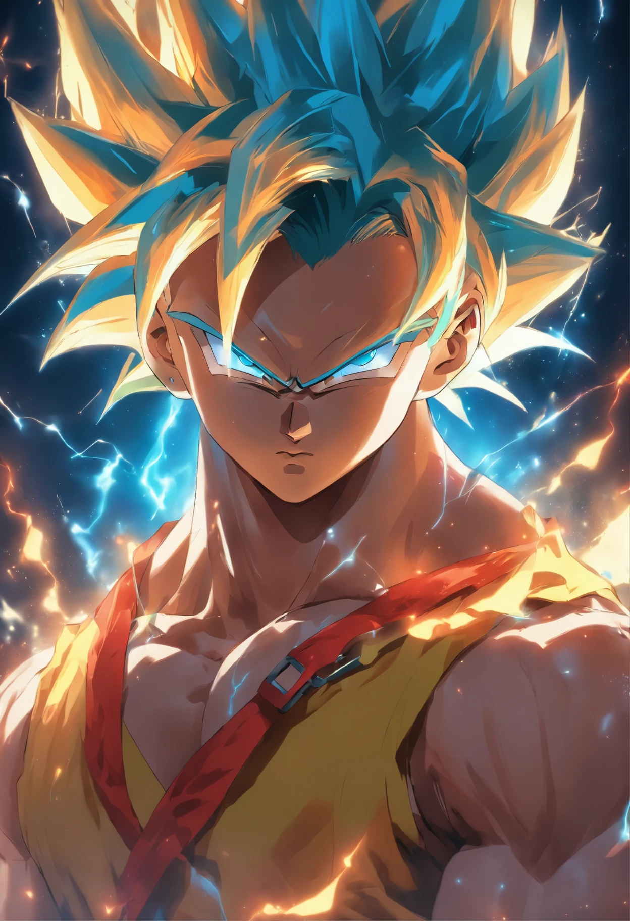 One Boy,Cool Boy, Young boy,Male body,macho, ,super saiyan 3, Red Jockstrap,toppless, Sweat vapor, embarrassed,blush,Parted lips, Kneeling,Arms behind your head, Neon blue hair,BDSM, Collar,noose,chain, ,stage.head shot,Blue eyes