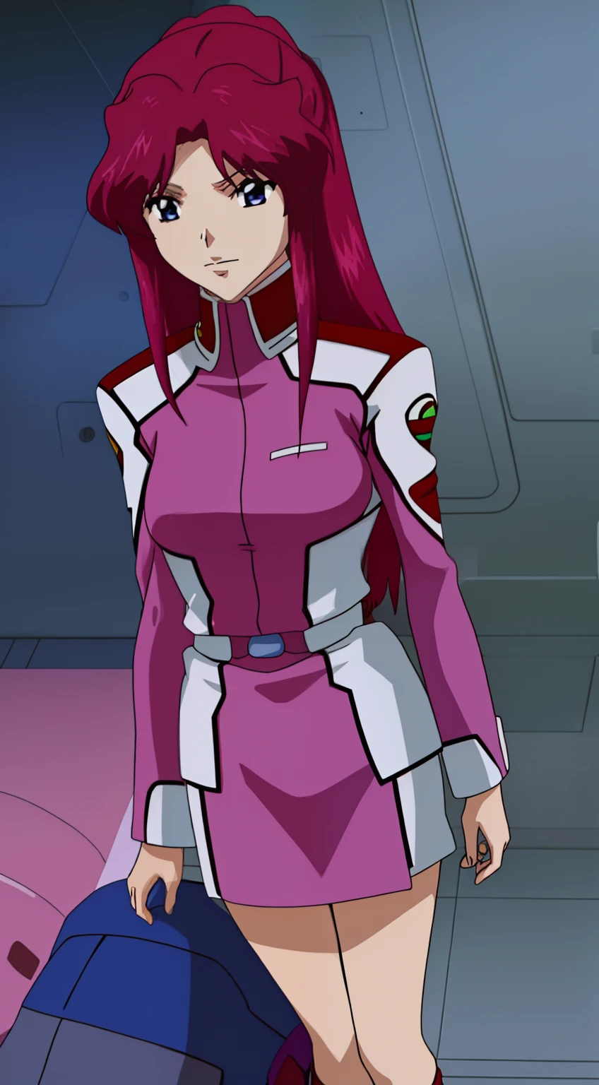 Woman in red uniform standing in a room, Black tight mini skirt、asuka suit under clothes!, Frey Ulster、Misato Katsuragi, portrait anime space cadet girl, Modern sci-fi anime, full body zenkai! asuka suit, wearing a red captain's uniform, a female anime character, Sci-Fi Anime, Asuka, anime girl of the future, Seductive Anime Girl