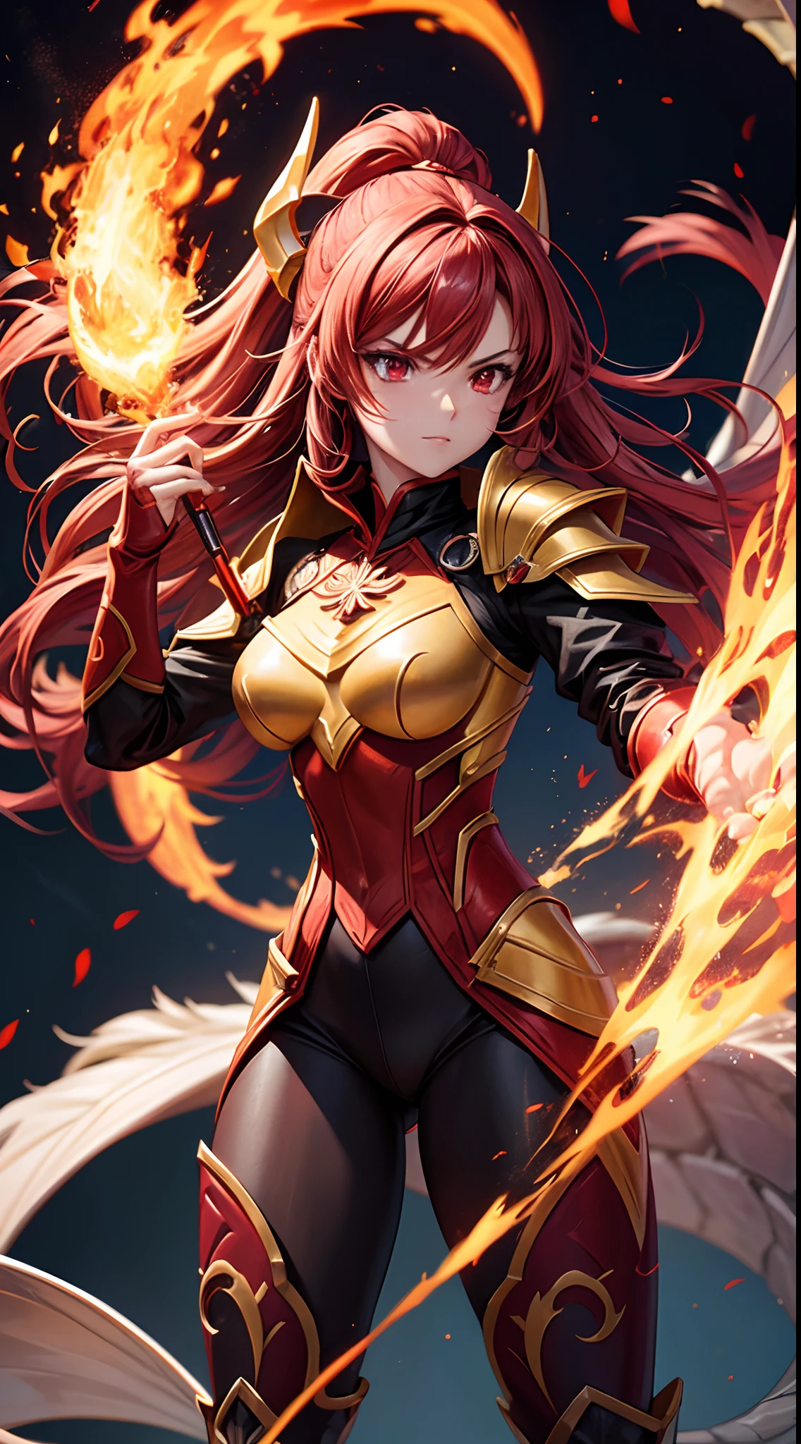 1 tall female wear a Pyro Dragon Armor, Tan Skin body, Fire Elemental, Cyber Spain Background, Red Flame Aura Body, Archon Power, Red Long Hair, Crimson Red Eye, Perfect Body, Holding Fire Dragon Greatsword, Energize mood, very detailed, Fighting stance, Genshin Impact Style, detailed eyes, detailed face, Anime Art, Anime Style, Anime.