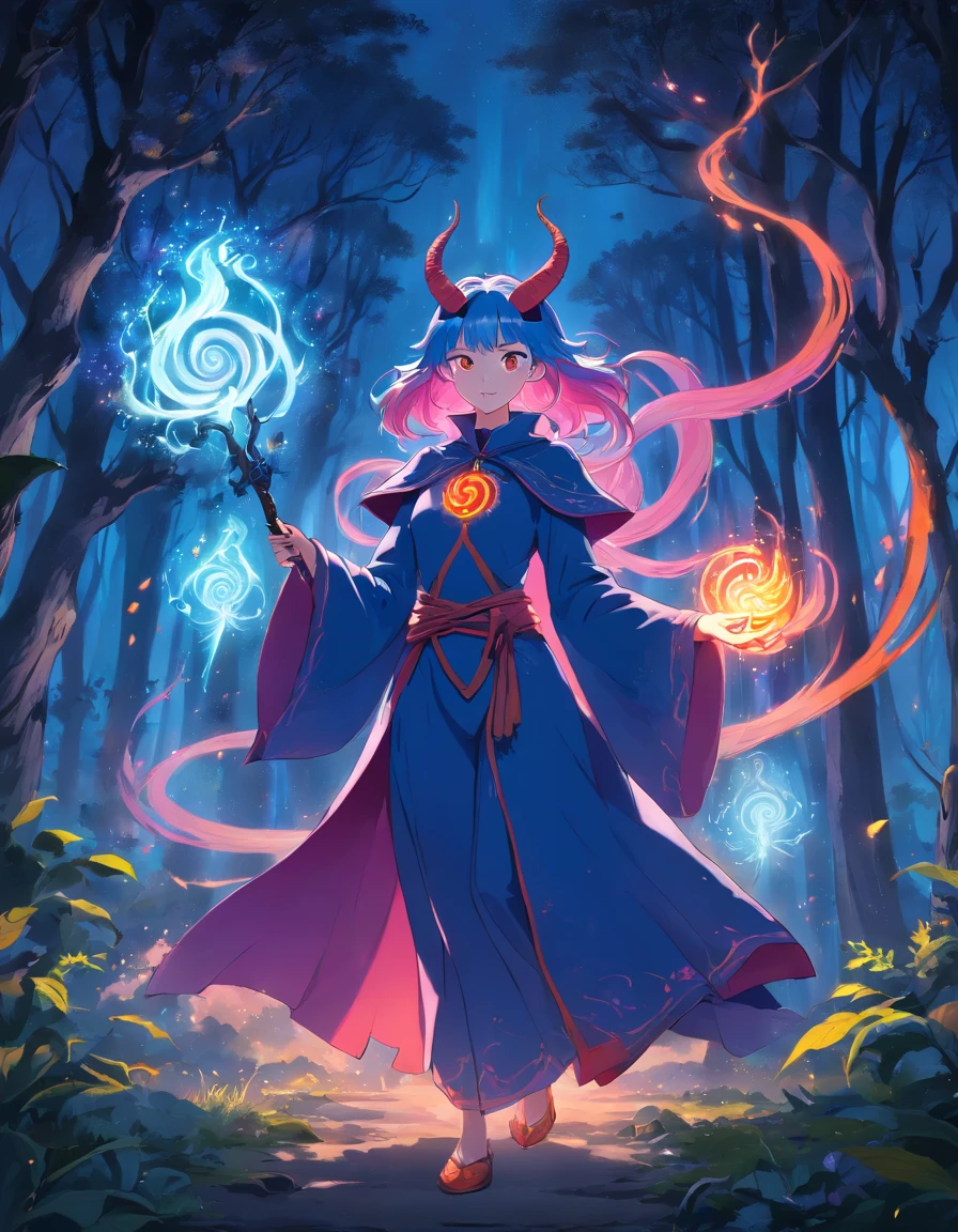 (a blue-haired demon woman,spells:1.1,glowing:1.1)(illustration)(best quality,ultra-detailed,realistic:1.37),demonic witch(demonic:1.1)(magic:1.1)(forest)(dark and mysterious,ominous atmosphere),casting powerful spells,creating magical energy(magic:1.1),vibrant pink hair(swirling pink hair)(flowing pink hair),horns(devil horns:1.1),piercing red eyes,enchanted scepter(magical scepter),elaborate dark robe,glowing magical sigils,fiery embers swirling(magical embers:1.1)(glowing embers),magical aura(glowing aura),eerie shadows,otherworldly presence(presence),sinister smile,nightfall in the background(dark night:1.1)(moonlit forest),lush and dense foliage(twisted trees)(mystical plants:1.1),mystical particles(swirling particles)(floating particles),ethereal glow(ethereal:1.1)(soft glow),faint moonlight breaking through the trees,haunting and captivating(scary atmosphere),bewitching beauty,wide range of colors(vivid colors)(contrasting colors),mystical realm,impressive details,dynamic composition,mesmerizing artwork,photorealistic style(picasso style),impressive shading and lighting,explosive energy,magical atmosphere(fantasy atmosphere),dreamlike scene