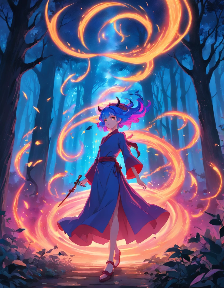 (a blue-haired demon woman,spells:1.1,glowing:1.1)(illustration)(best quality,ultra-detailed,realistic:1.37),demonic witch(demonic:1.1)(magic:1.1)(forest)(dark and mysterious,ominous atmosphere),casting powerful spells,creating magical energy(magic:1.1),vibrant pink hair(swirling pink hair)(flowing pink hair),horns(devil horns:1.1),piercing red eyes,enchanted scepter(magical scepter),elaborate dark robe,glowing magical sigils,fiery embers swirling(magical embers:1.1)(glowing embers),magical aura(glowing aura),eerie shadows,otherworldly presence(presence),sinister smile,nightfall in the background(dark night:1.1)(moonlit forest),lush and dense foliage(twisted trees)(mystical plants:1.1),mystical particles(swirling particles)(floating particles),ethereal glow(ethereal:1.1)(soft glow),faint moonlight breaking through the trees,haunting and captivating(scary atmosphere),bewitching beauty,wide range of colors(vivid colors)(contrasting colors),mystical realm,impressive details,dynamic composition,mesmerizing artwork,photorealistic style(picasso style),impressive shading and lighting,explosive energy,magical atmosphere(fantasy atmosphere),dreamlike scene