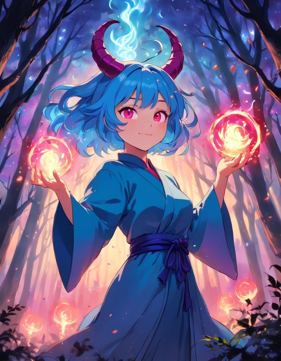 (a blue-haired demon woman,spells:1.1,glowing:1.1)(illustration)(best quality,ultra-detailed,realistic:1.37),demonic witch(demonic:1.1)(magic:1.1)(forest)(dark and mysterious,ominous atmosphere),casting powerful spells,creating magical energy(magic:1.1),vibrant pink hair(swirling pink hair)(flowing pink hair),horns(devil horns:1.1),piercing red eyes,enchanted scepter(magical scepter),elaborate dark robe,glowing magical sigils,fiery embers swirling(magical embers:1.1)(glowing embers),magical aura(glowing aura),eerie shadows,otherworldly presence(presence),sinister smile,nightfall in the background(dark night:1.1)(moonlit forest),lush and dense foliage(twisted trees)(mystical plants:1.1),mystical particles(swirling particles)(floating particles),ethereal glow(ethereal:1.1)(soft glow),faint moonlight breaking through the trees,haunting and captivating(scary atmosphere),bewitching beauty,wide range of colors(vivid colors)(contrasting colors),mystical realm,impressive details,dynamic composition,mesmerizing artwork,photorealistic style(picasso style),impressive shading and lighting,explosive energy,magical atmosphere(fantasy atmosphere),dreamlike scene