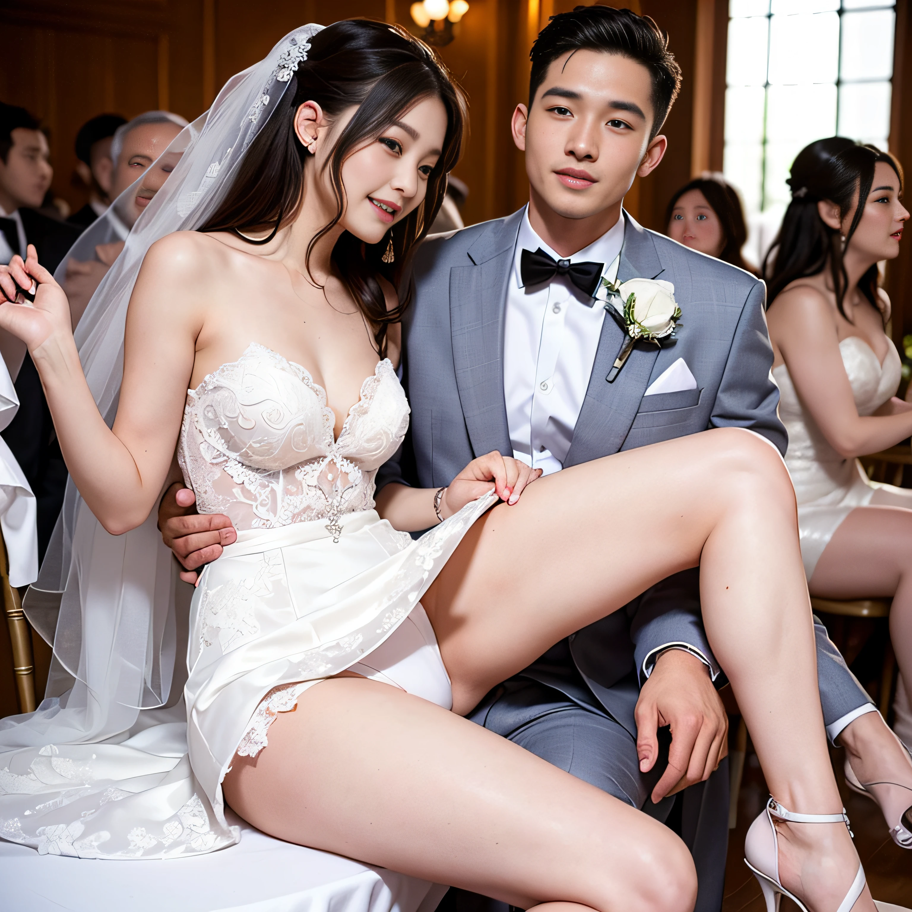 (1 female)、(one male individual:1.1)、(Super beautiful)、(beauitful face:1.5)、(A detailed face:1.4)、(The bridegroom spreads the bride's legs:1.4)、(White panties are visible)、(The groom touches the bride's crotch)、(Bride sitting on a chair at the reception)、(She is wearing a prom dress with a miniskirt)、(The bridegroom in a white suit:1.2)、(Bare legs)、(At SFW)