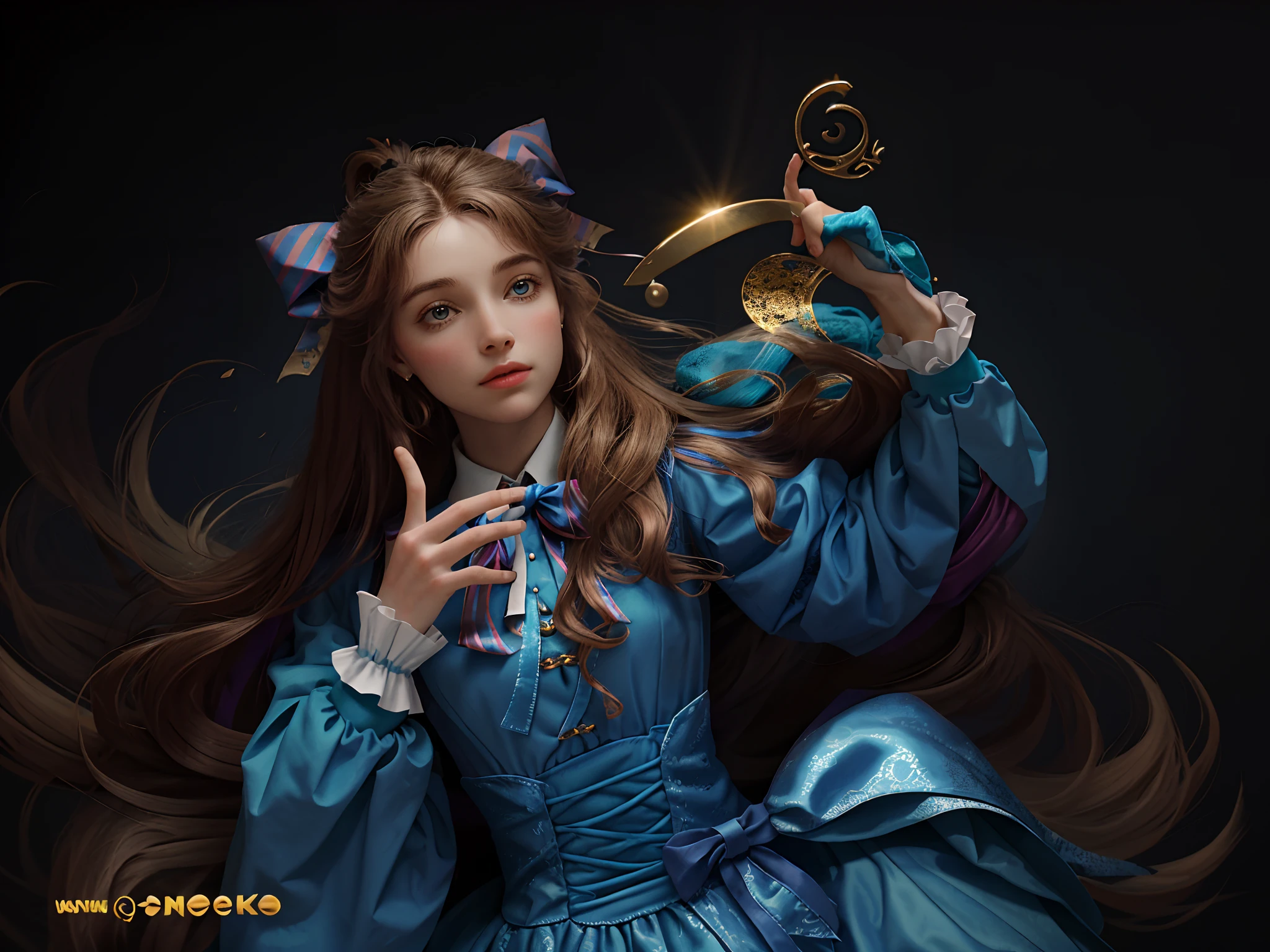 1girl, master part, best quality, 8k, textura detalhada da pele, textura de pano detalhada, rosto bonito e detalhado, detalhes intrincados, Ultra Detalhado, Alice in Wonderland, (a bow in the head:1.1), upper body with fingers separating vaginal lips ,  Chupando a mesma !