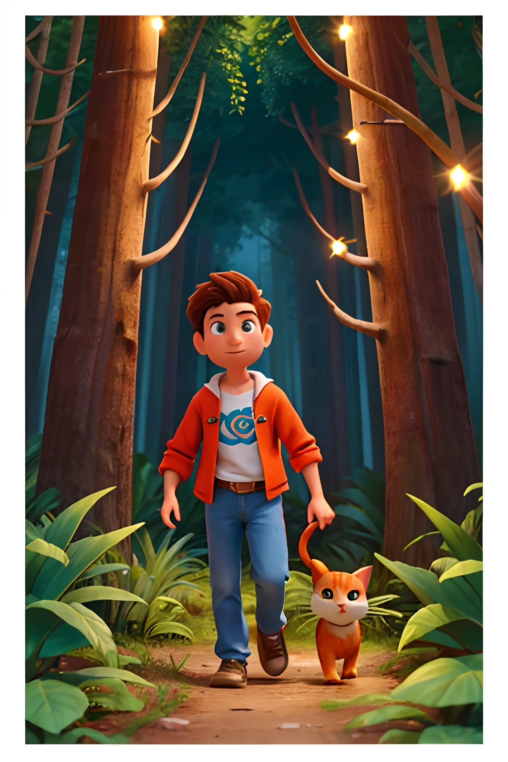 Disney Pixar poster. An adventurous young man is walking Towards the camera with his cat through a dark forest full of unique plants, The atmosphere in the forest is dark and lit by plants, Wearing blue and red clothes, the cat is orange with unique clothes