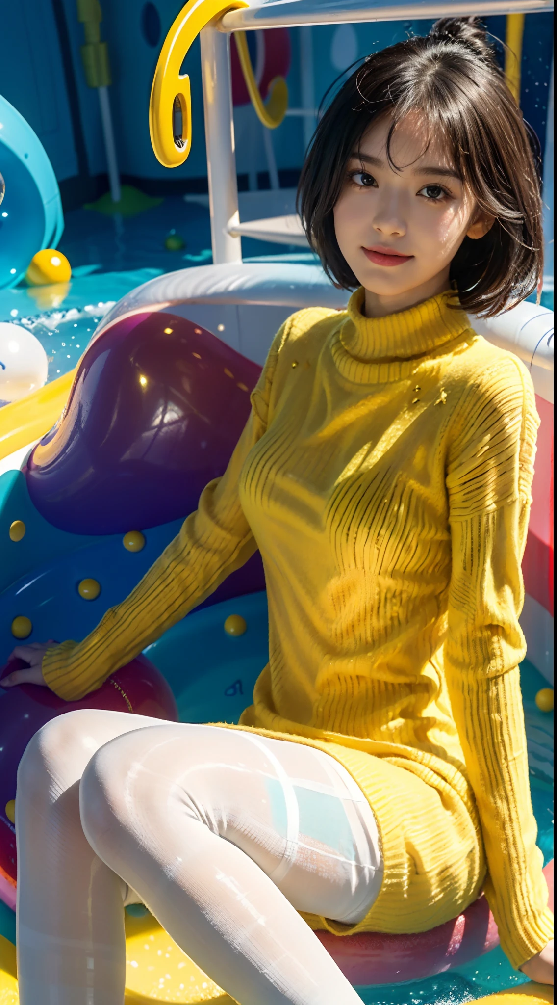 (shoulder length straight short black hair:0.8), （Extremely meticulous CG 8k wallpaper），（Extremely refined and beautiful），（Masterpiece），（best qualtiy：1.0），（Ultra High Resolution：1.0），beautiful light up，Perfect lightning，realistic shaded，[A high resolution]，Smooth and flawless fair skin，Extremely exquisite facial details,(perfect body:1.1），ultra - detailed,A beautiful girl,small head,(Small breasts:1.1),Flat chests,slim,thin,Smile,cheerfulness,(yellow sweater dress:1.5),(white pantyhose:1.4),(sitting In an indoor children's playground:1.5),(in a colorful ocean ball pool:1.5),bright lights,colorful environment,Portrait photo,from side,cowboy shot,upper body
