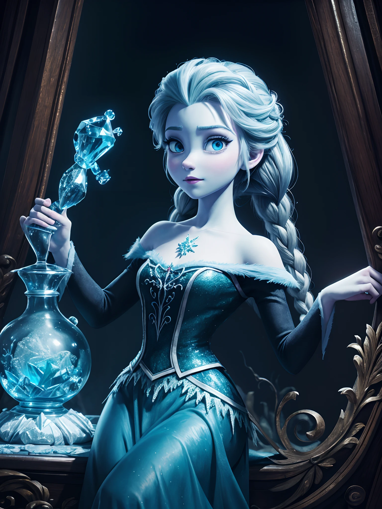 Absurdres masterpiece HDR high quality picture of a random scene rom Disney Frozen portrait with a Tim Burton theme style