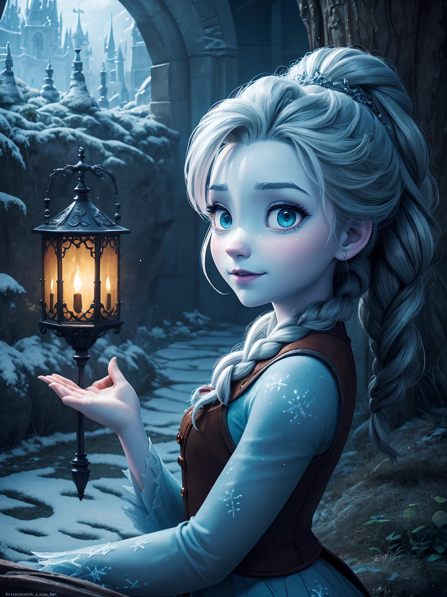 Absurdres masterpiece HDR high quality picture of a random scene rom Disney Frozen portrait with a Tim Burton theme style