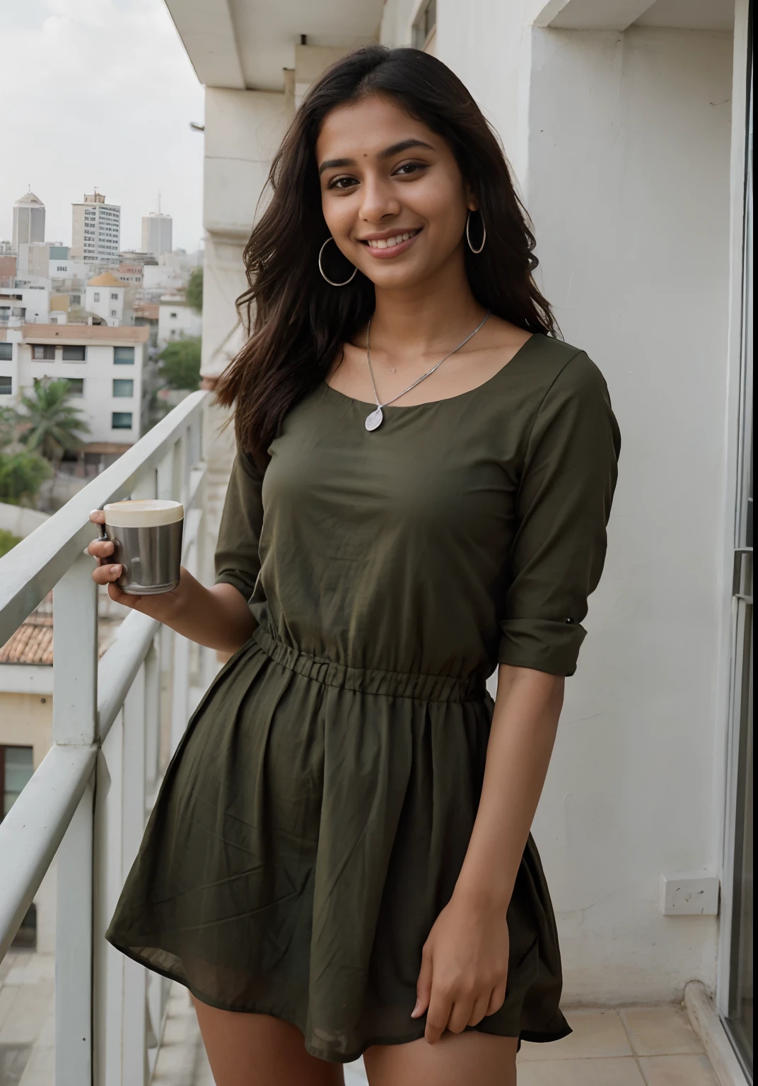 RAW photo, photo of beautiful 24 year old Indian woman, cute face, smiling face, wearing olive colored dress, hard shadows, cinematic shot, day photo, quite slim, candid, fair tone, wearing a simple silver pendent, holding a coffee cup, sunlight, standing in balcony, side pose