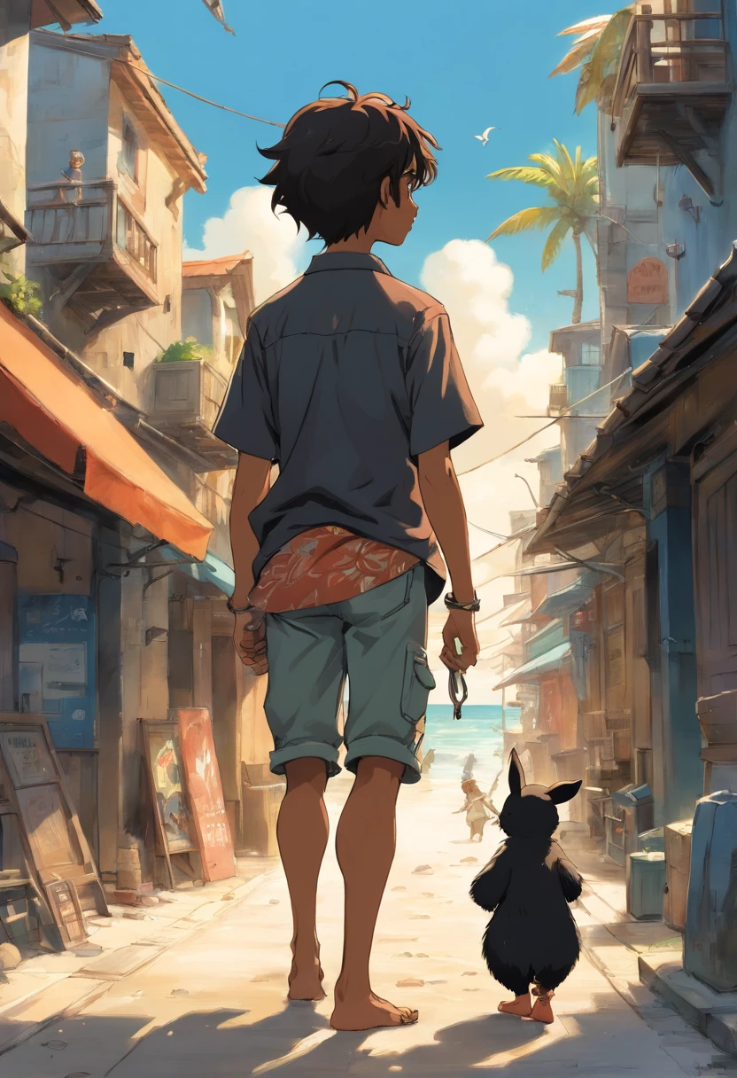 Pintura de Jean-Baptiste Monge retratando ((um menino negro)) (de bermuda e camisa de praia) (Na rua), (com um pequeno pinguim) , (Estilo Pixar)++, Jean-Baptiste Monge, Post-apocalyptic city --Air 2:3 --testp -otimista;