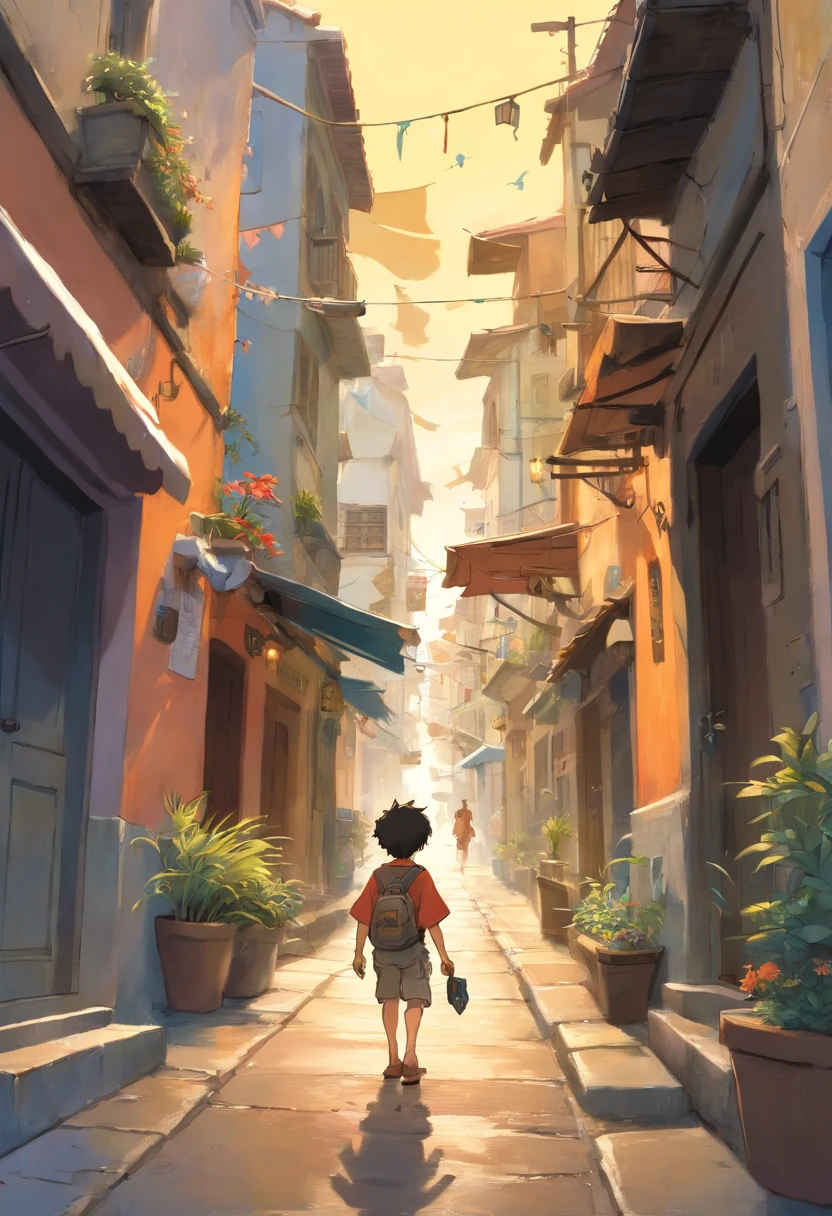 Pintura de Jean-Baptiste Monge retratando ((um menino negro)) (de bermuda e camisa de praia) (Na rua), (com um pequeno pinguim) , (Estilo Pixar)++, Jean-Baptiste Monge, Post-apocalyptic city --Air 2:3 --testp -otimista;