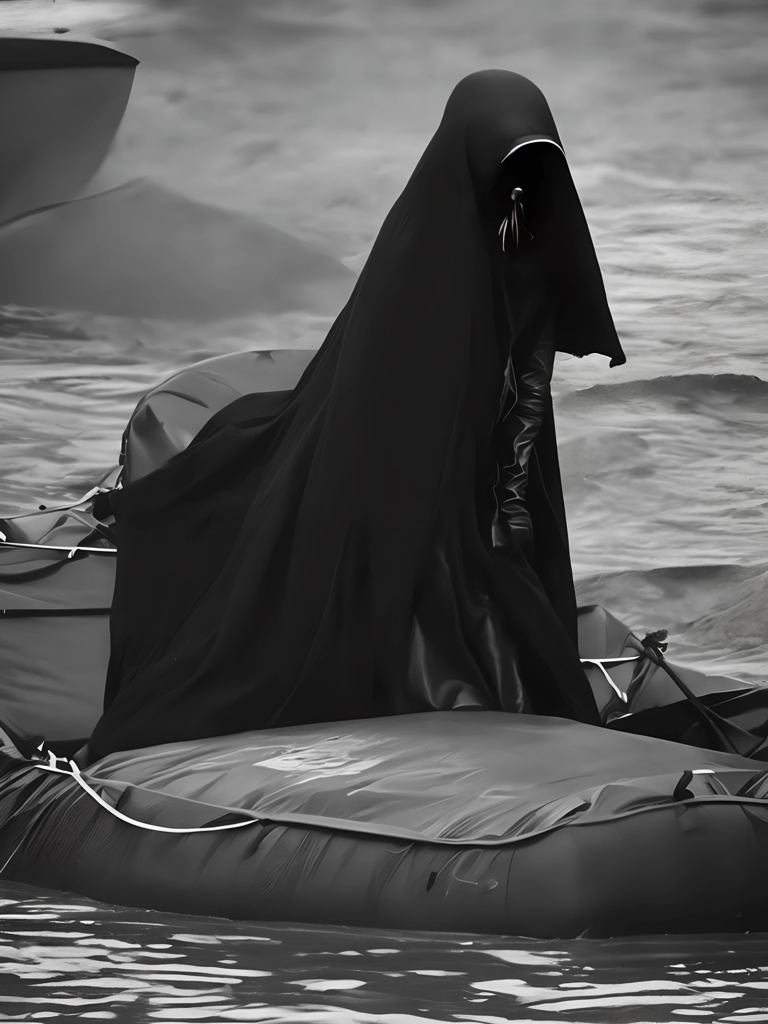 A black hat, a thick black veil hanging from under the raft, the face is covered with eyes and mouth and can hardly be seen, beyond that is a silhouette, a black suit, a woman with long black leather gloves and black leather long boots.