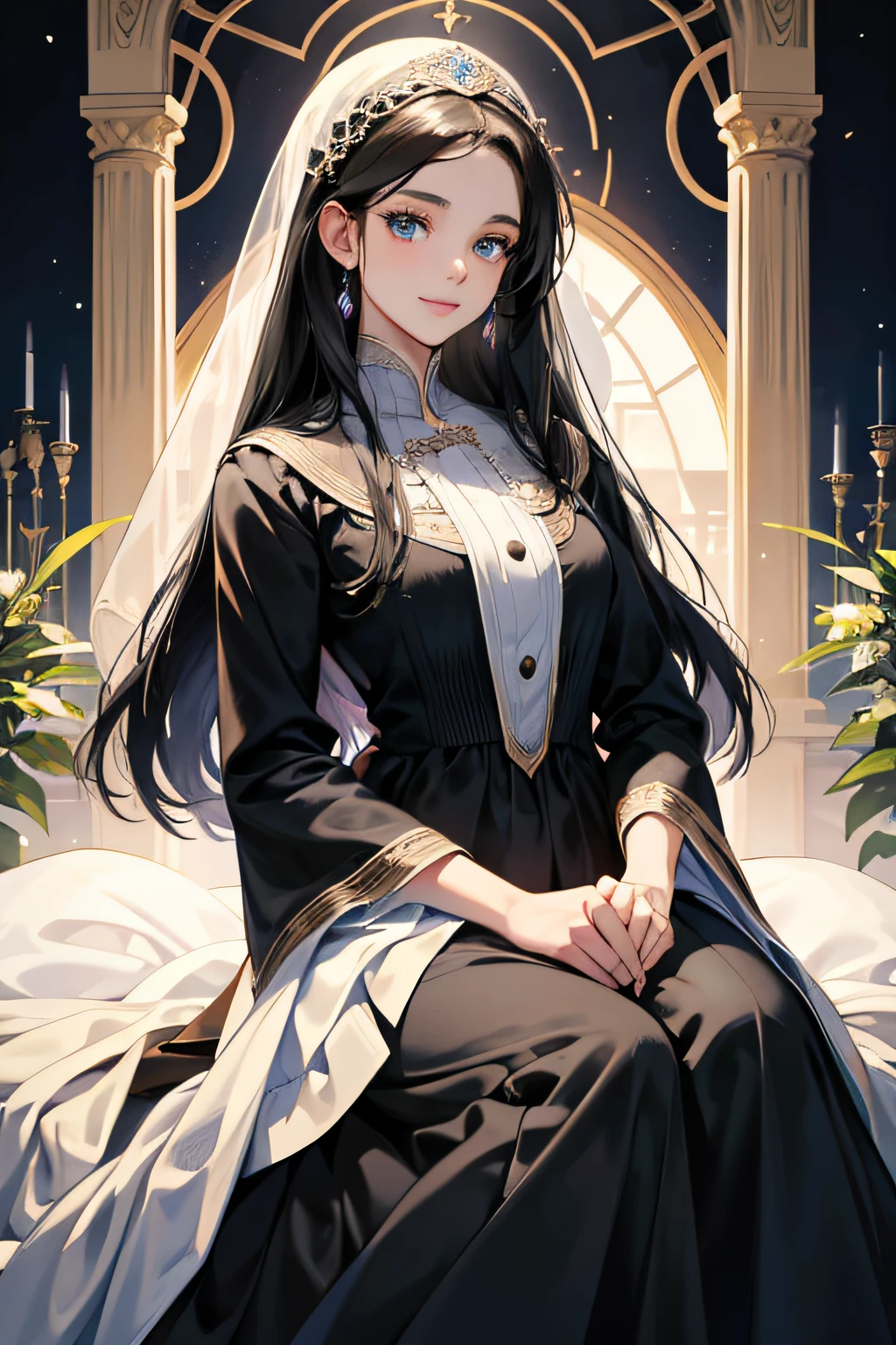1 woman, high res, long black hair, blue eyes, wearing beautiful and modest dress, happy and elegant, mother, ultrasharp, 8K, masterpiece, looking at the viewer