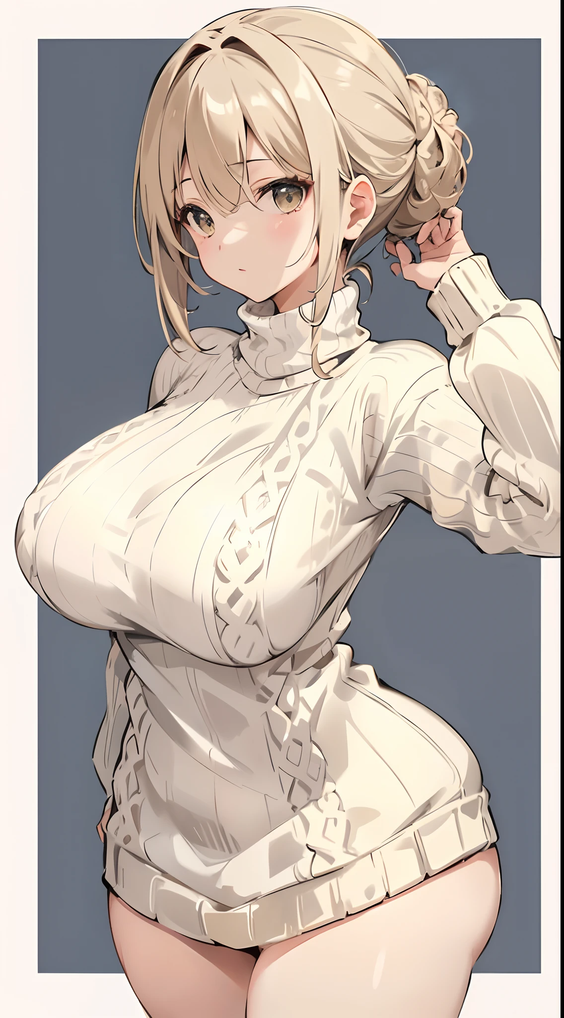 女の子 1 人、top-quality、((Chignon、Beige hair color、knitted sweater、white backgrounid))、symmetry、A MILF、Colossal tits、thick thighs