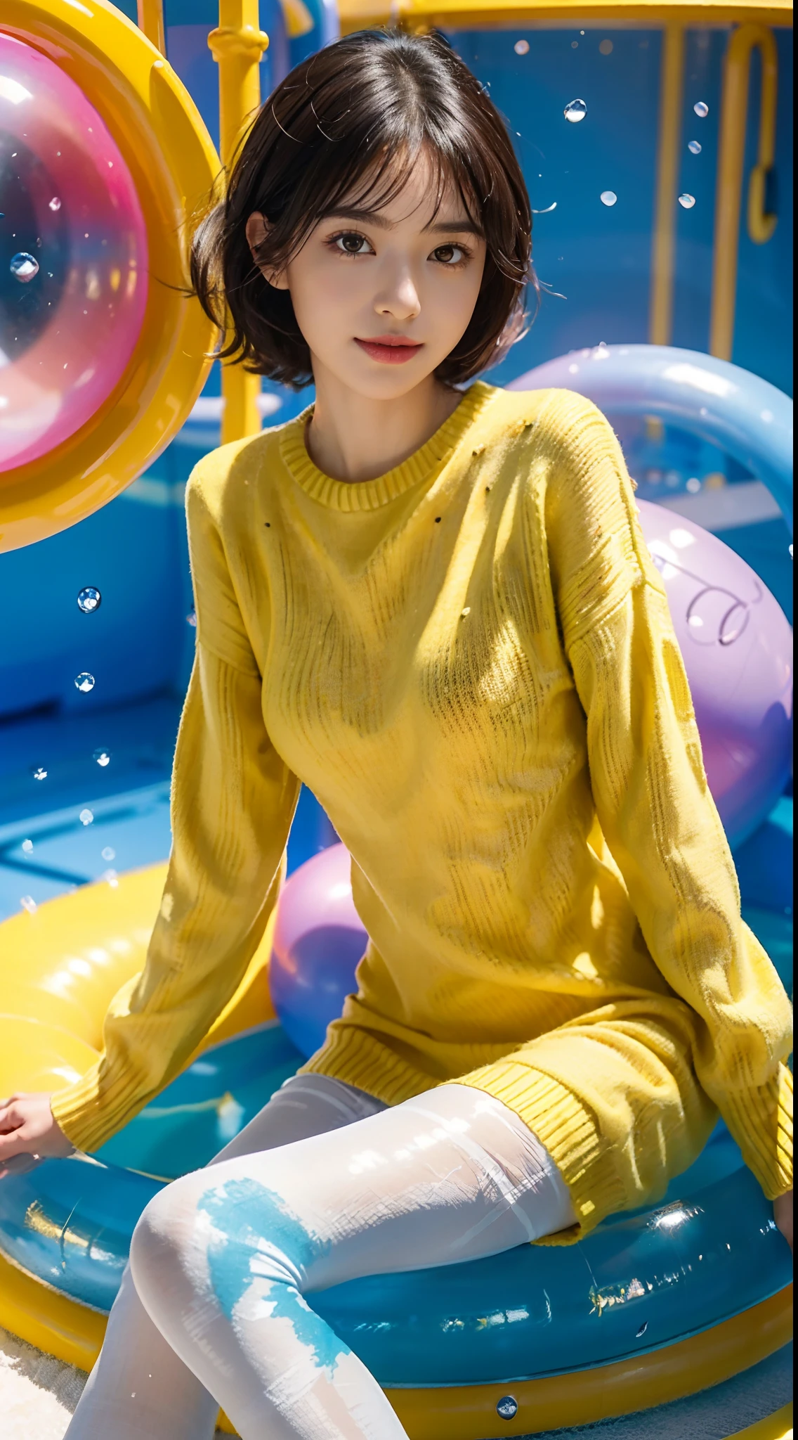 (shoulder length straight short black hair:0.8), （Extremely meticulous CG 8k wallpaper），（Extremely refined and beautiful），（Masterpiece），（best qualtiy：1.0），（Ultra High Resolution：1.0），beautiful light up，Perfect lightning，realistic shaded，[A high resolution]，Smooth and flawless fair skin，Extremely exquisite facial details,(perfect body:1.1），ultra - detailed,A beautiful girl,small head,(Small breasts:1.1),Flat chests,slim,thin,Smile,cheerfulness,(yellow sweater dress:1.5),(white pantyhose:1.4),(sitting In an indoor children's playground:1.5),(in a colorful ocean ball pool:1.5),bright lights,colorful environment,Portrait photo,from side,cowboy shot,upper body