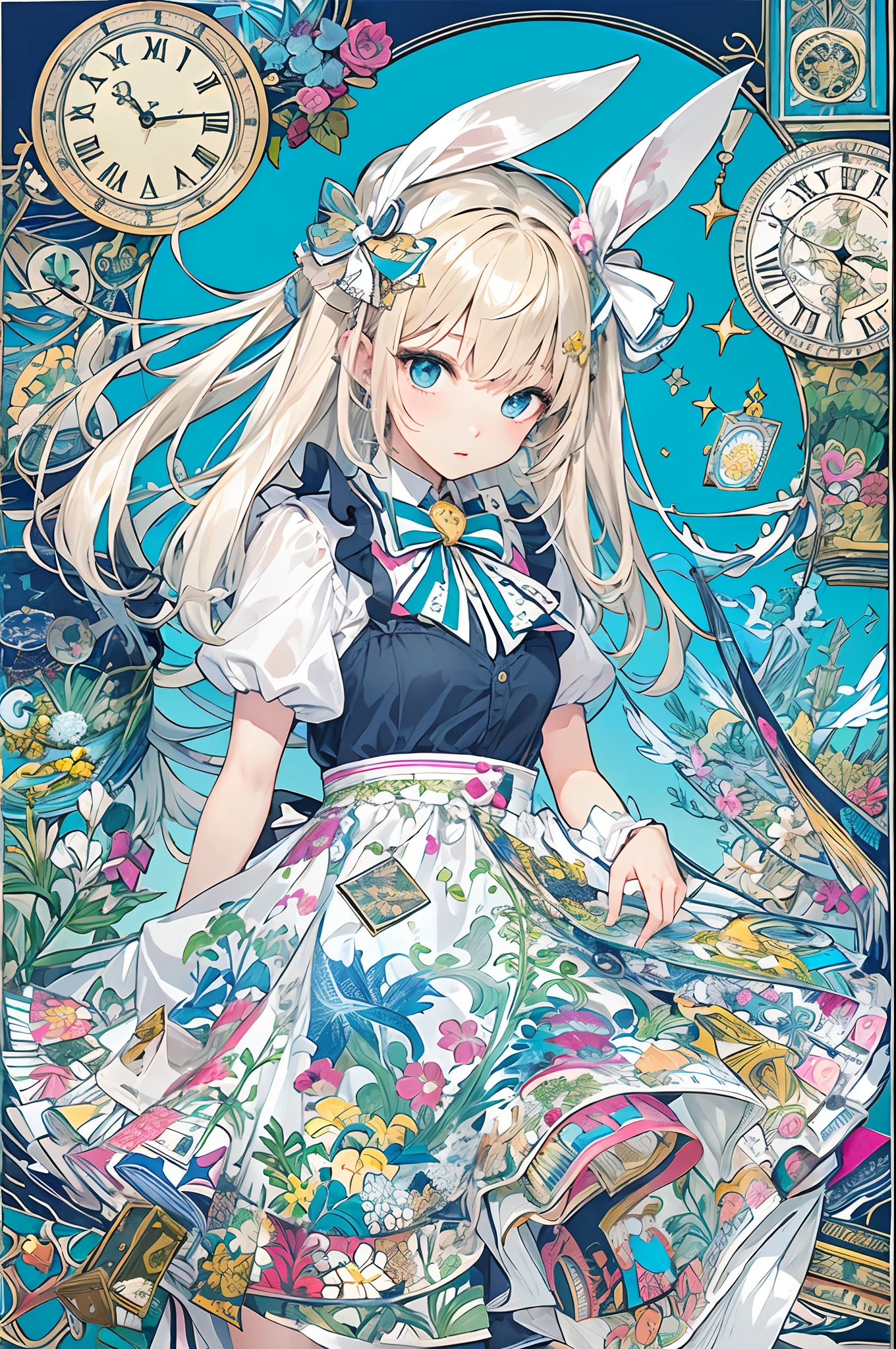 (masuter piece、top-quality、Mystical、Beautifully Aesthetic、offcial art、Impresionismo、von gogh:1.2)、(1 girl in:1.3)、(Fractal Art:1.4)、shinny skin、patterns、(alice in the wonderland:1.2)、(bunny rabbit、PlayingCards、tea cup、pocket watch:0.8)、Tie your hair with a ribbon、Blue Dress、a miniskirt、beauty legs、White Apron、white sock、platinum-blonde、Blue eyes、Exotic wallpapers、highly colorful、Abstract background、Fantastical
