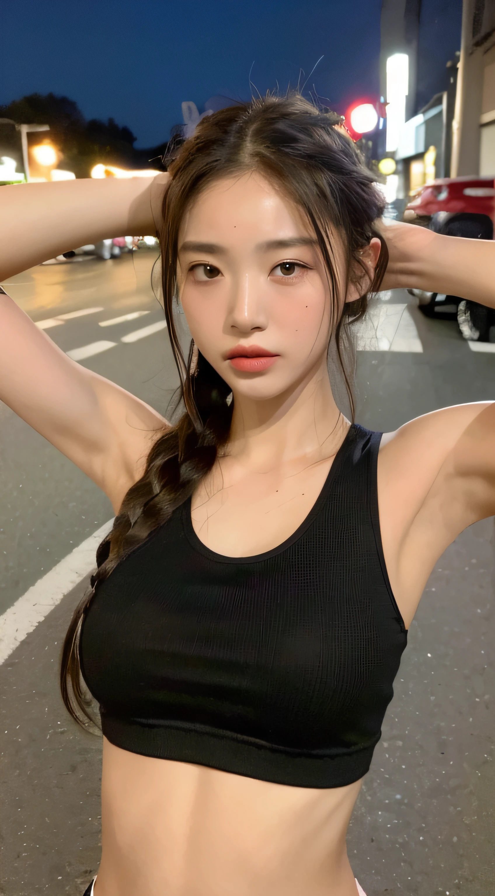 a lot of details, (underweight), 30 years old, detailed black hair, beautiful detailed hair, super fucking beautiful, delicate beautiful face, complex details beautiful and delicate eyes, perfect hands, (flat chest best quality:1.5), perfect and delicate limbs, detailed skin, best quality, ultra-detailed,
full body, (back shot:1.2), (Crouching start:1.3), topknot, white tank top, wholeblack bloomer, athletics stadium track