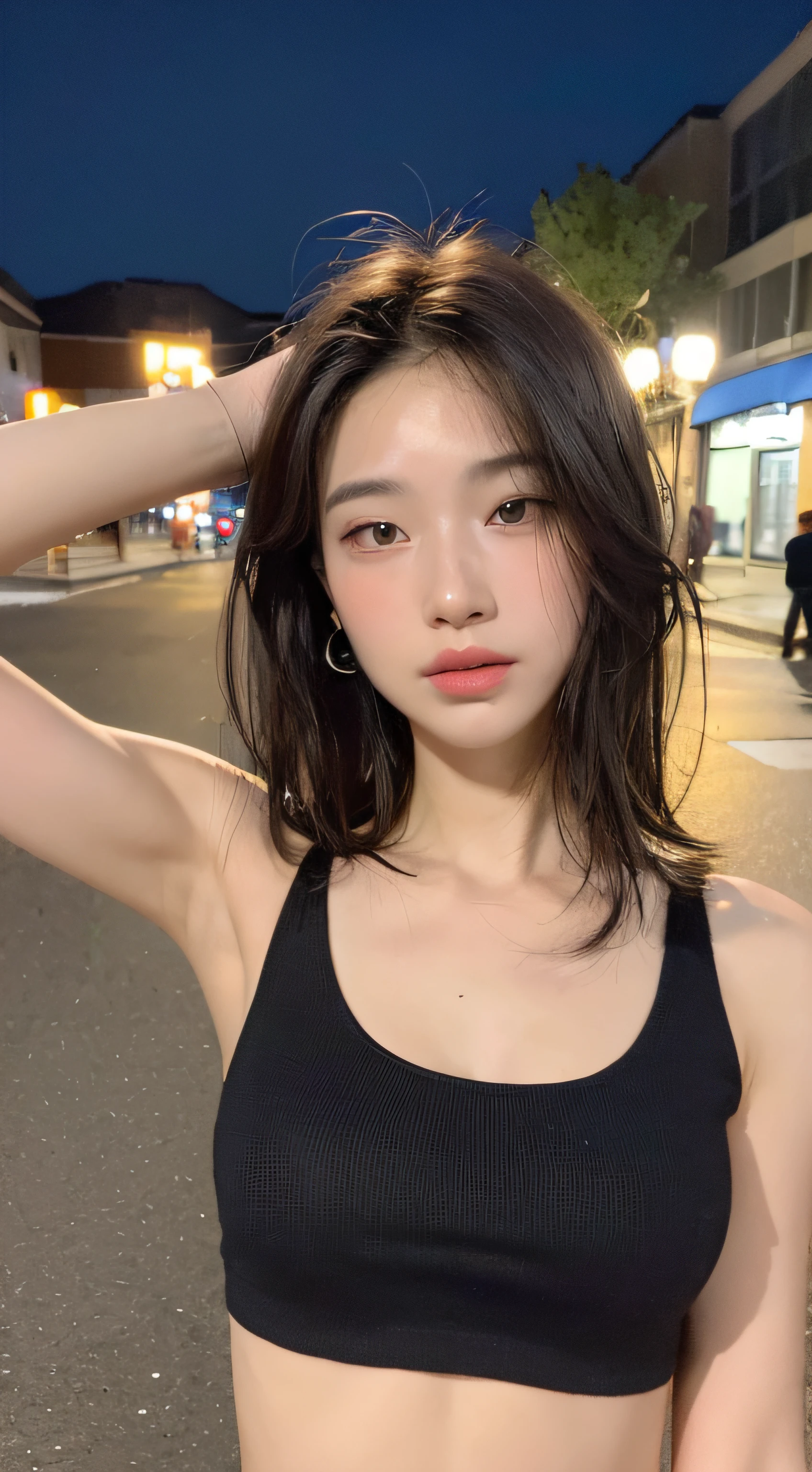 ((top-quality、8k、masterpiece:1.3))、1girl in、Beautiful woman emphasizing slender abs:1.3、(random hair styles:1.2)、oversized tank top:1.2、Super detailed face、detailedeyes、二重まぶた、hairarmpits、street、nighttime scene、Black tank top