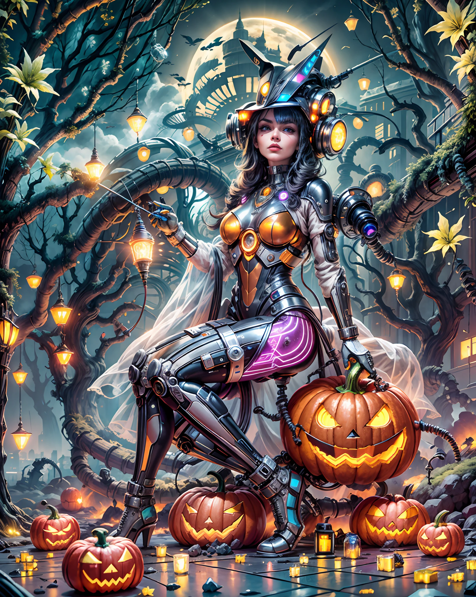 (Best quality, 8K,A high resolution,Masterpiece:1.2),Ultra-detailed),Futuristic robot witch,Pumpkin monsters,full bodyesbian,colorful neon,High-tech mechanical parts,Metal hats are cool,Metal legs,Bionic eye,Detailed feather design,sharp beak,hovers in mid-air,Electric blue and bright purple,Vivid glowing eyes,Reflective metal surface,Gloomy environment,Dynamic pose,imposing presence,Technological progress,Interlocking mechanical gears,Dynamic and stylish design,motion blur effect,meticulous craftsmanship,Sci-fi atmosphere,Streamlined aerodynamic shape,Laser scanning pattern,holographic projections,Light-emitting circuit lines,hauntingly beautiful,Otherworldly precision,Advanced sensors,Complex algorithms,Ominous and mysterious atmosphere,electric sparks,Shiny chrome plating,Futuristic propulsion system, McCog gear