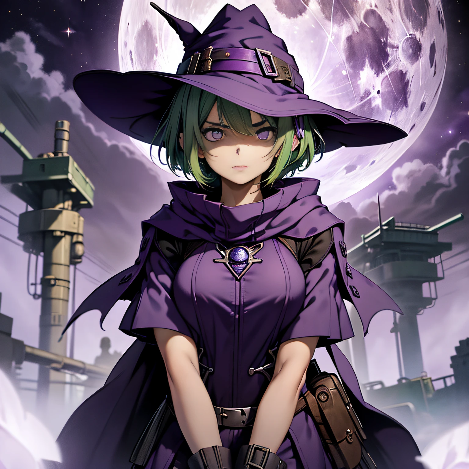 top-quality、extremely delicate and beautiful、(A teenage girl)、Purple Eye、Green hair、short-haired、(purple witch hat)、Purple tie、Tactical Vest、Soio、shortsleeves、Purple skirt、Purple Wizard Robe、Navel、is standing、Facing the front、Expression of hatred、Full moon night on background、Only eyes